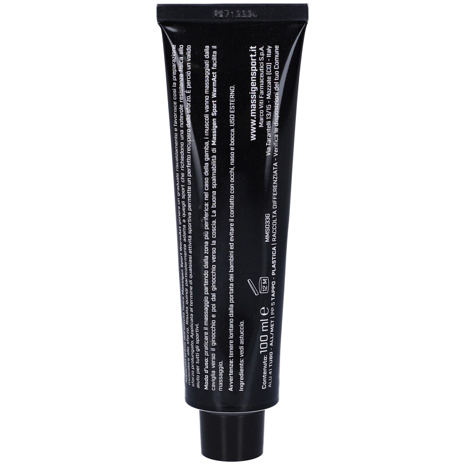 Tubo nero con testo bianco. Contiene informazioni su ingredienti e utilizzo. 100 ml.
