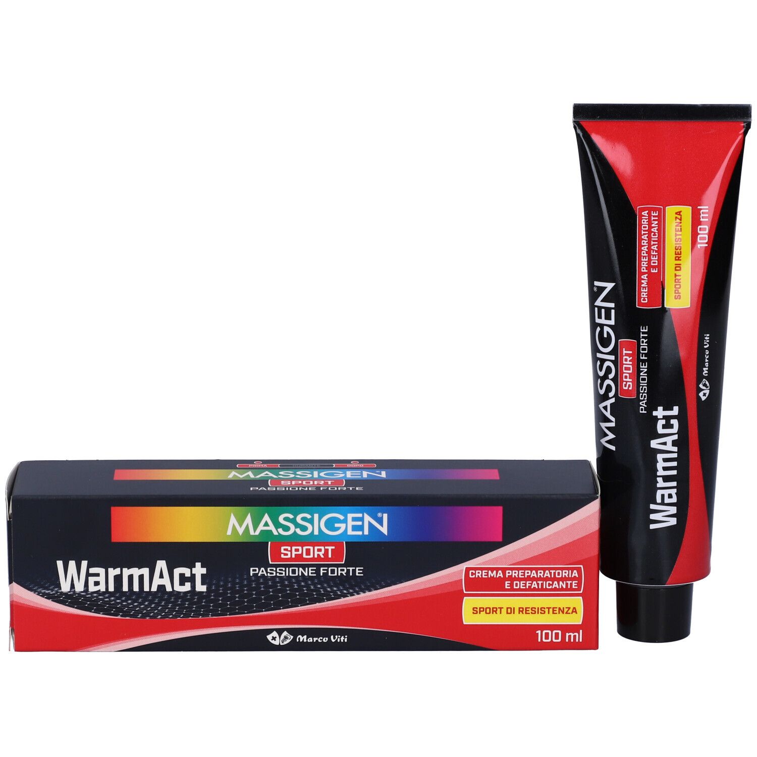Confezione e tubo del prodotto. Confezione con "Massigen Sport WarmAct". Tubo rosso/nero. 100 ml.