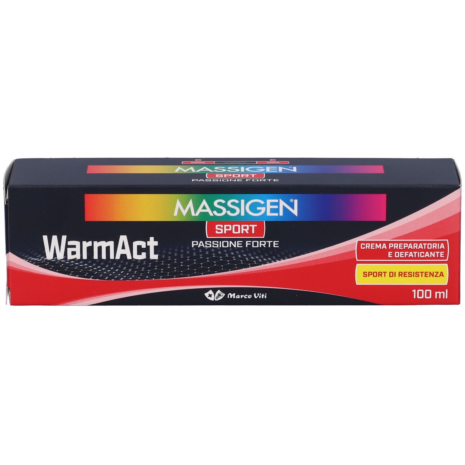 Confezione nera del prodotto con testo bianco e rosso. Contiene "Massigen Sport WarmAct".