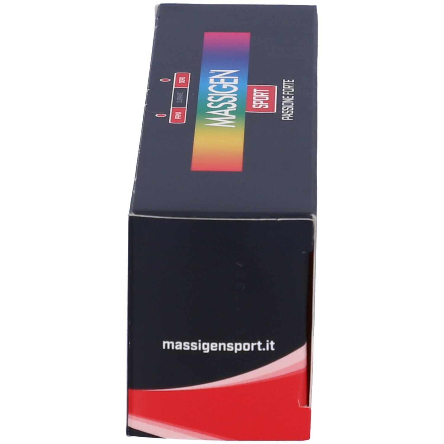 Confezione nera del prodotto con striscia colorata e testo bianco. Contiene "Massigen Sport".