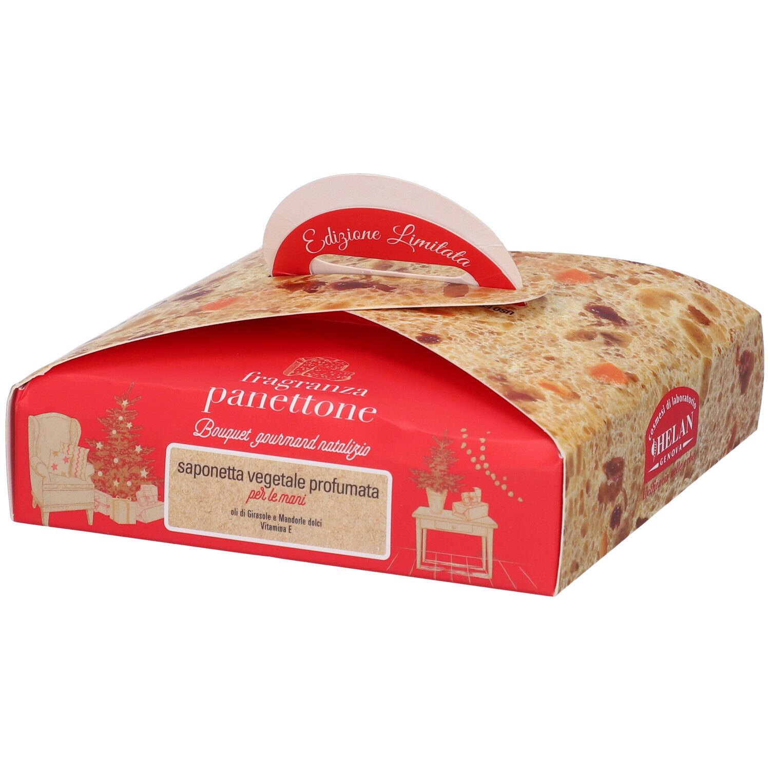 Rote Geschenkbox mit Panettone-Motiv und Griff. Text: Edizione Limitata, Fragranza Panettone, Bouquet gourmand natalizio, saponetta vegetale profumata.