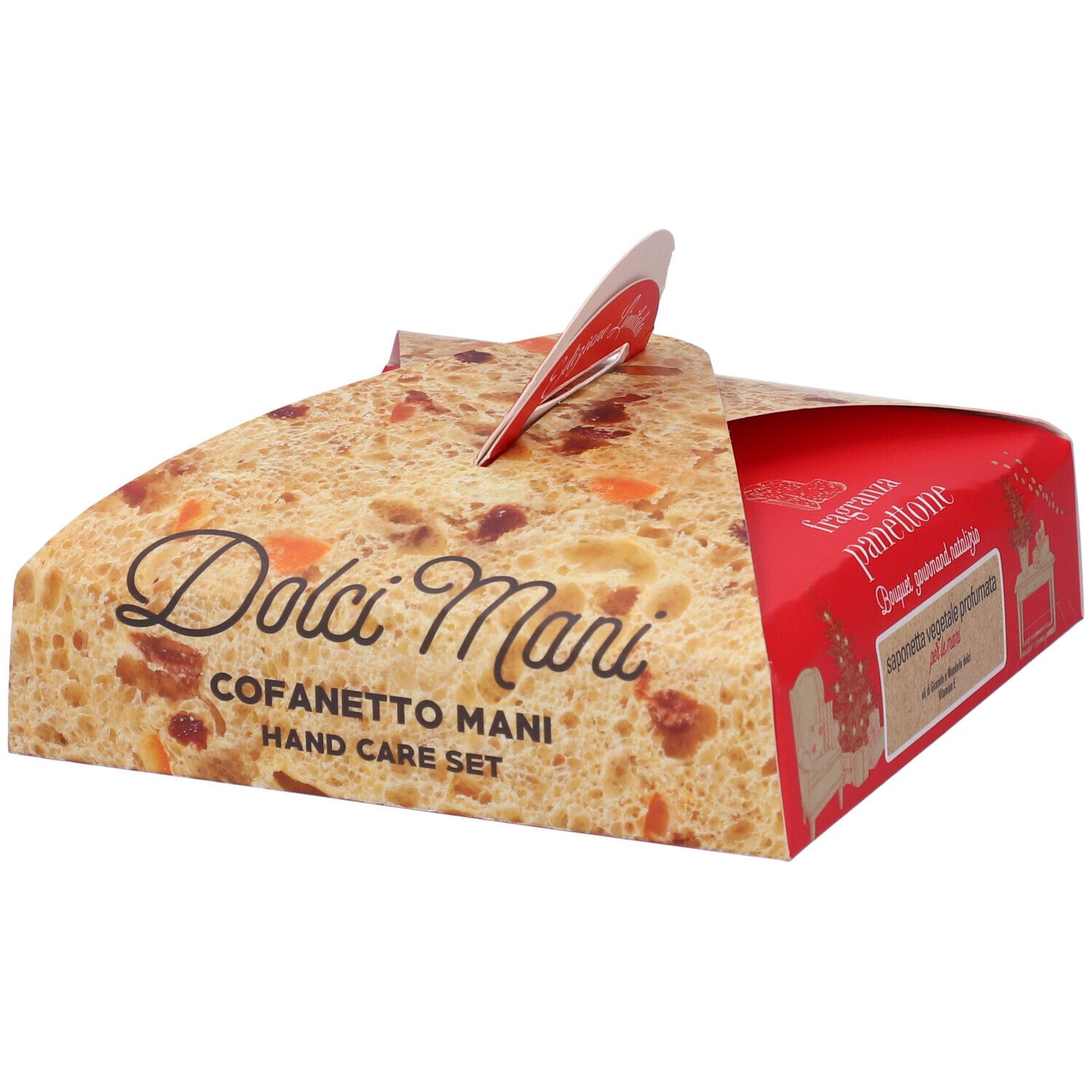 Panettone-Box mit Griff. Text: Dolci Mani, Cofanetto Mani, Hand Care Set, Fragranza Panettone, Bouquet gourmand natalizio, saponetta vegetale profumata.