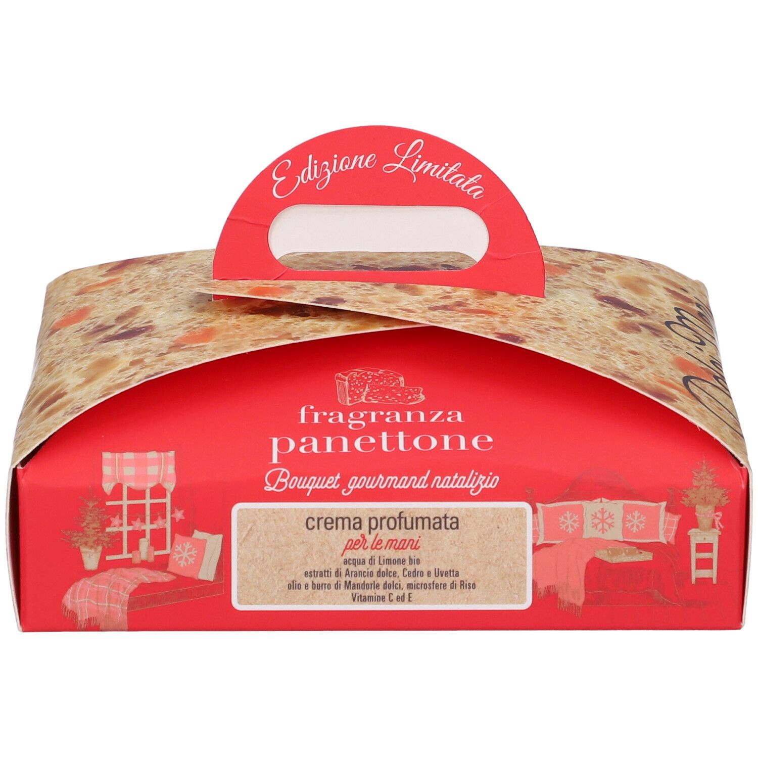 Rote Geschenkbox mit Panettone-Motiv und Griff. Text: Edizione Limitata, Fragranza Panettone, Bouquet gourmand natalizio, crema profumata per le mani.