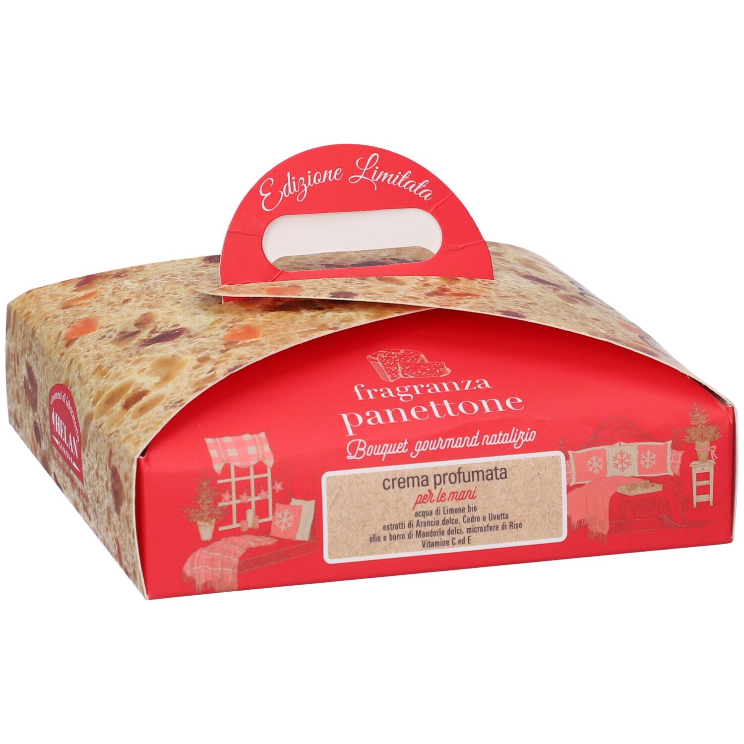 Rote Geschenkbox mit Panettone-Motiv und Griff. Text: Edizione Limitata, Fragranza Panettone, Bouquet gourmand natalizio, crema profumata per le mani.