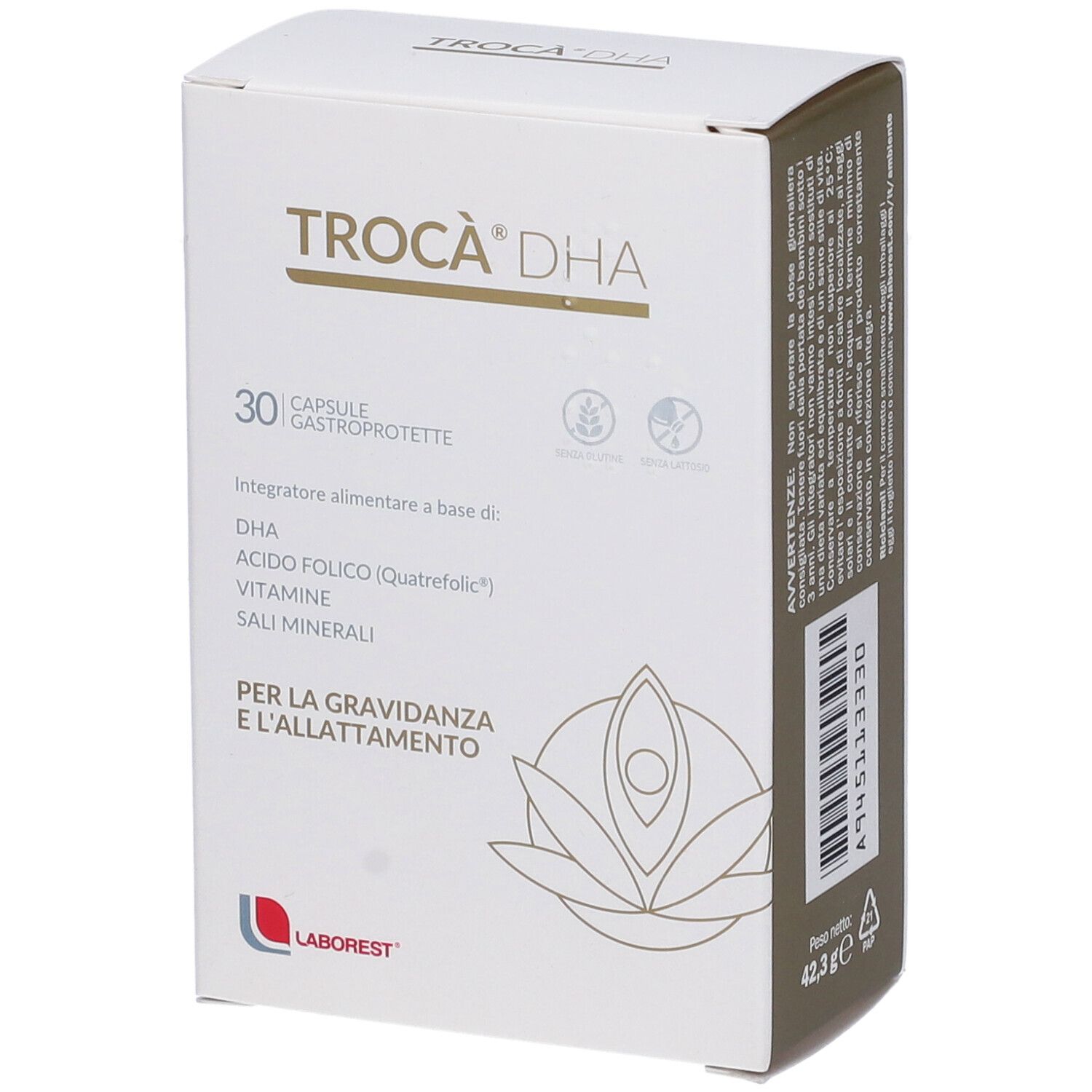 Scatola bianca TROCA' DHA. Contiene 30 capsule. Integratore alimentare a base di: DHA, Acido Folico, Vitamine, Sali Minerali. Per gravidanza e allattamento.