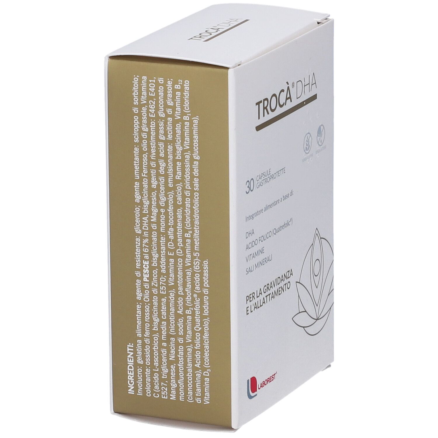 Scatola bianca TROCA' DHA. 30 capsule. Lista ingredienti sul lato. Contiene DHA, vitamine, minerali. Per gravidanza e allattamento.