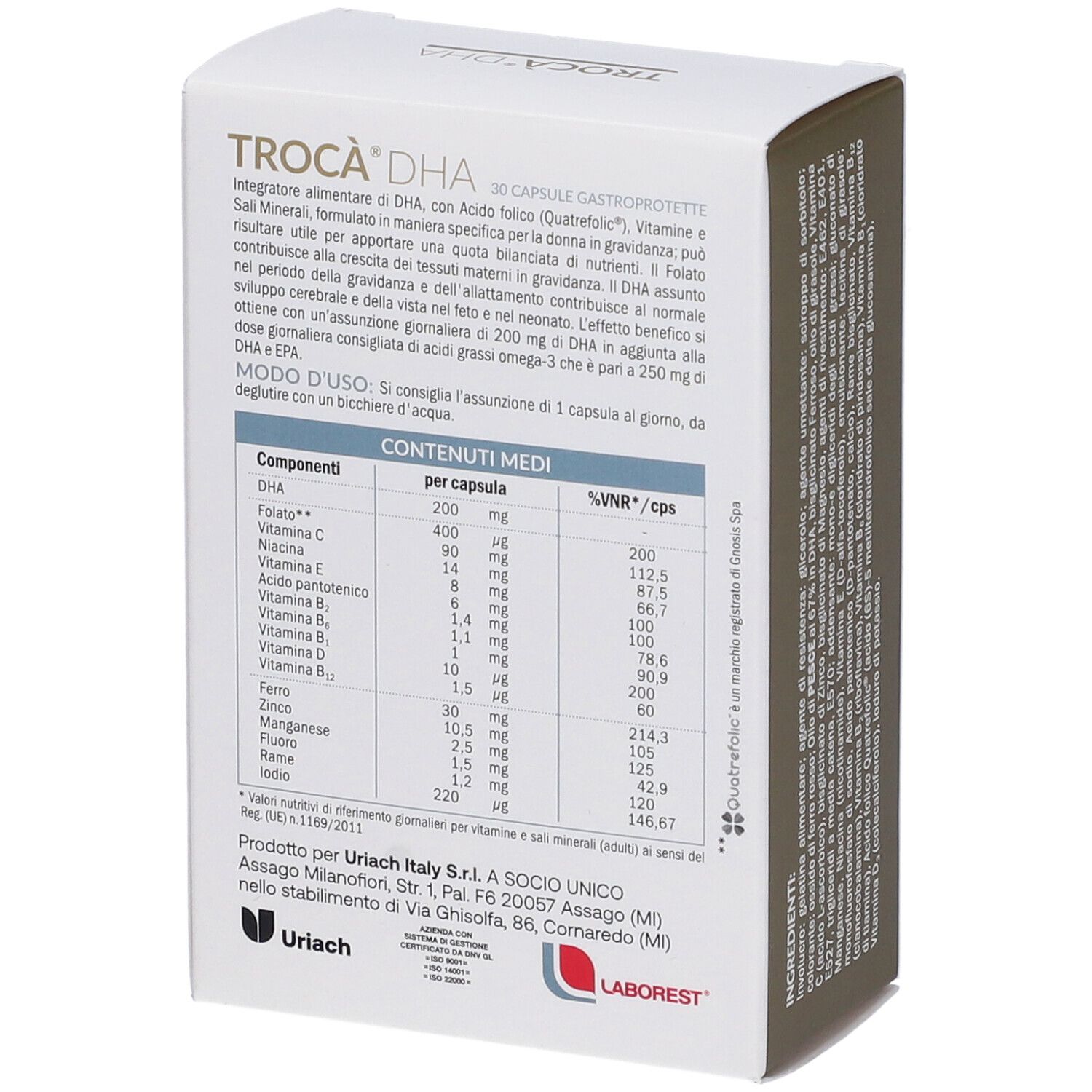 Scatola bianca TROCA' DHA. 30 capsule. Tabella nutrizionale con ingredienti: DHA, acido folico, vitamine, minerali. Per la gravidanza.