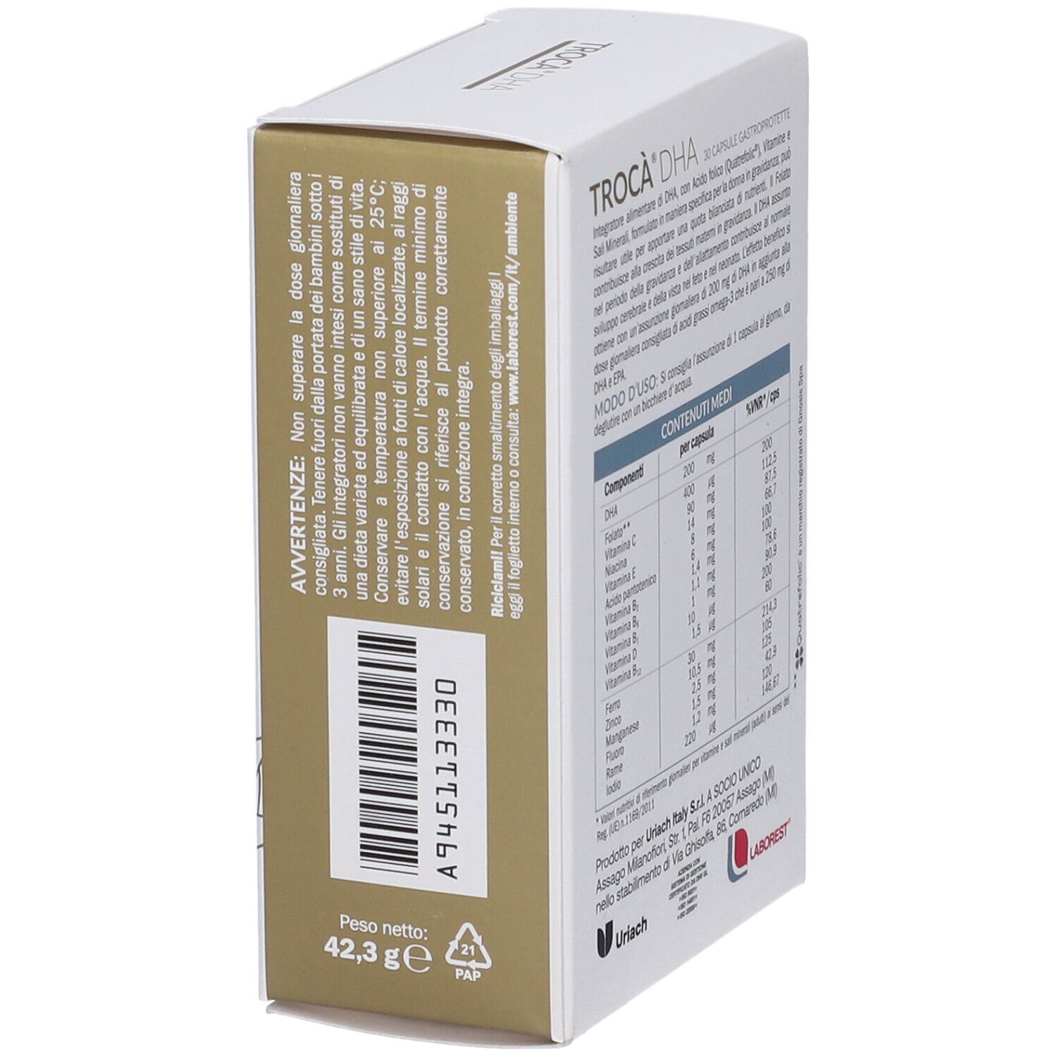 Scatola bianca TROCA' DHA. 30 capsule. Testo: Peso netto 42,3 g. Avvertenze. Per gravidanza e allattamento.