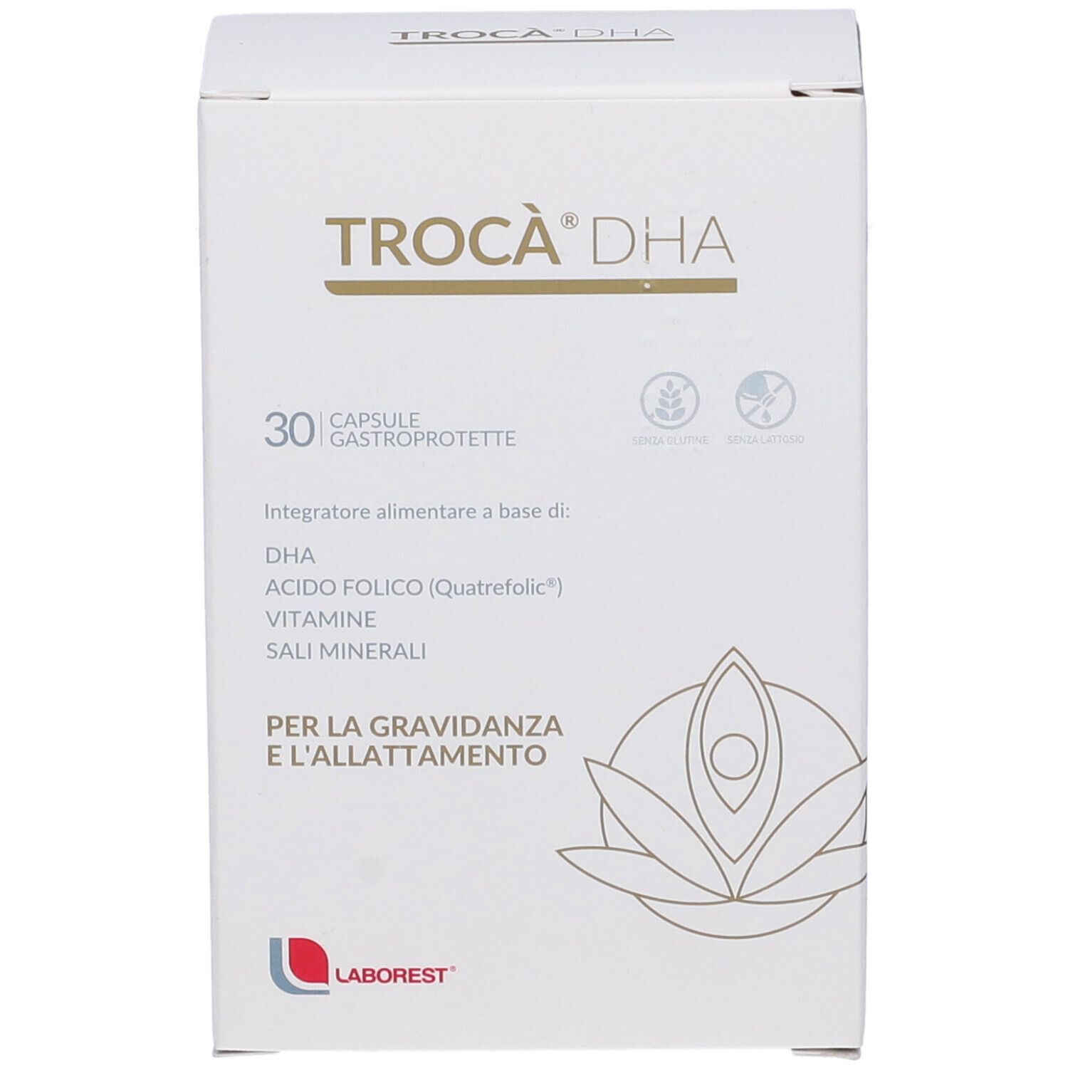 Scatola bianca TROCA' DHA. 30 capsule. Integratore alimentare a base di: DHA, Acido Folico, Vitamine, Sali Minerali. Per gravidanza e allattamento.
