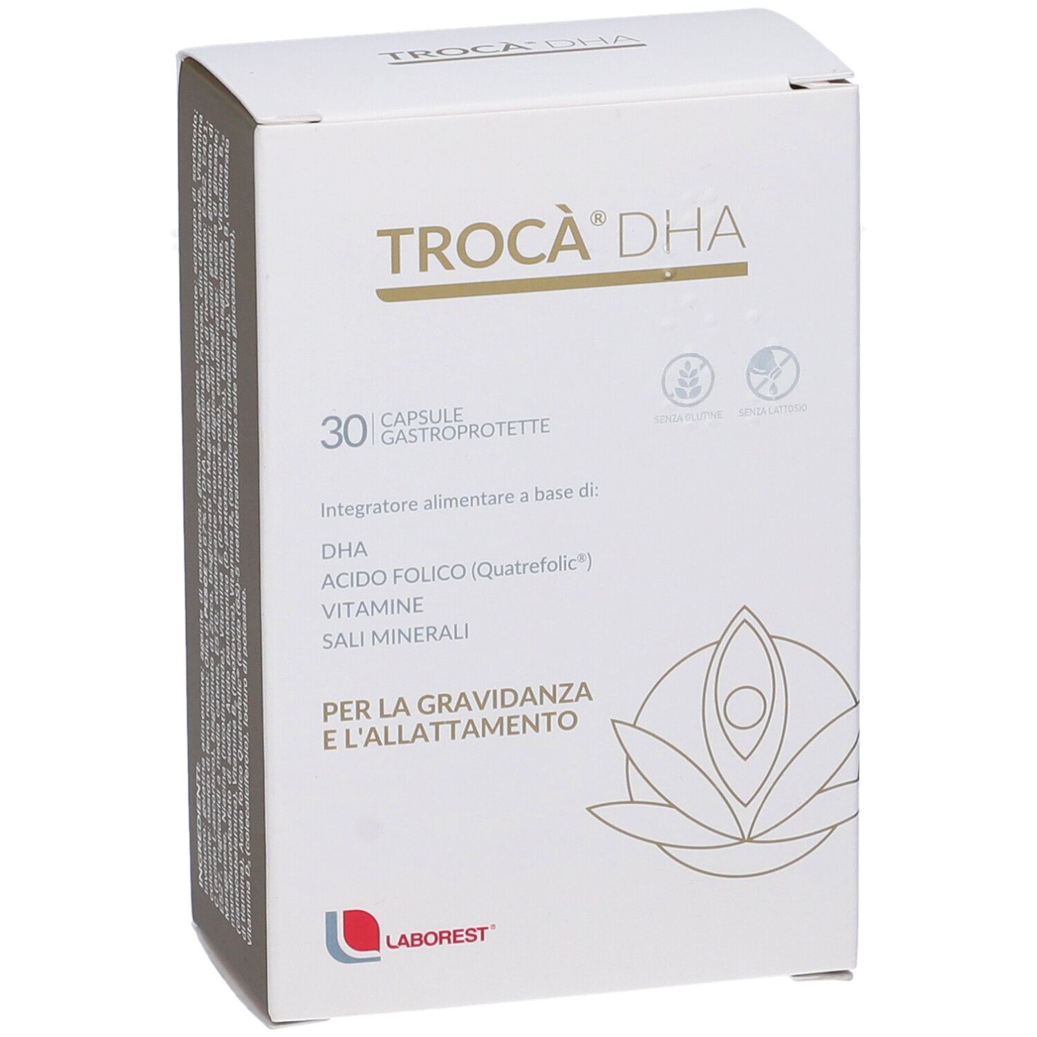 Scatola bianca TROCA' DHA. 30 capsule. Integratore alimentare a base di: DHA, Acido Folico, Vitamine, Sali Minerali. Per gravidanza e allattamento.
