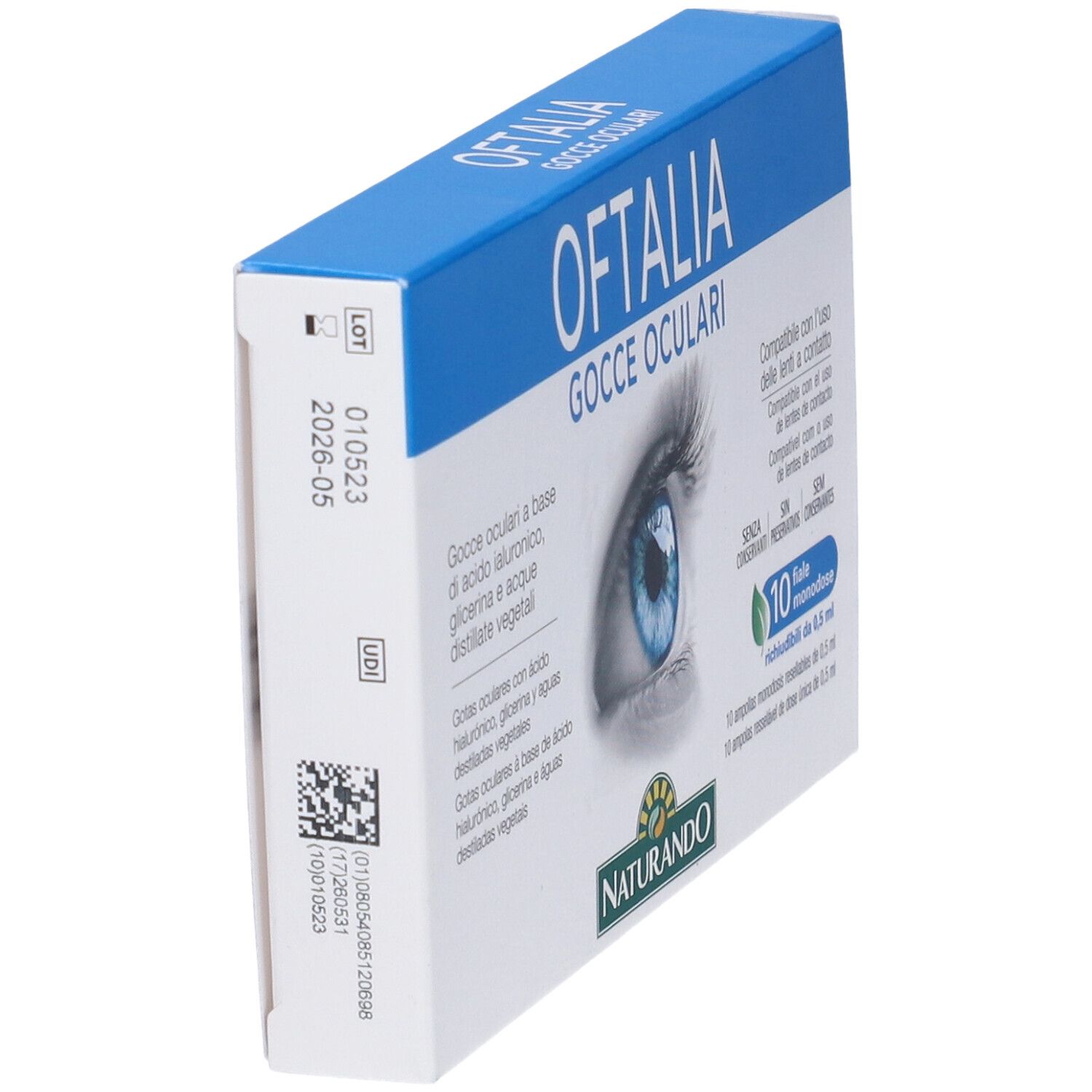 Oftalia-Augentropfen-Packung, Seitenansicht. Blaue und weiße Schachtel. Text und Barcode.