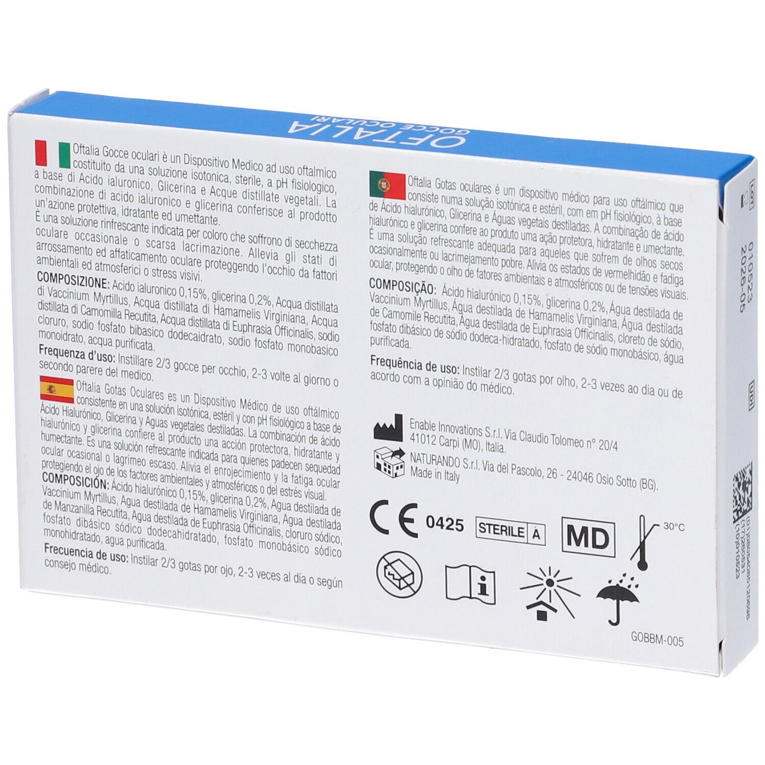 Rückseite der Oftalia-Augentropfen-Packung. Text in mehreren Sprachen. Medizinprodukt-Kennzeichnung.