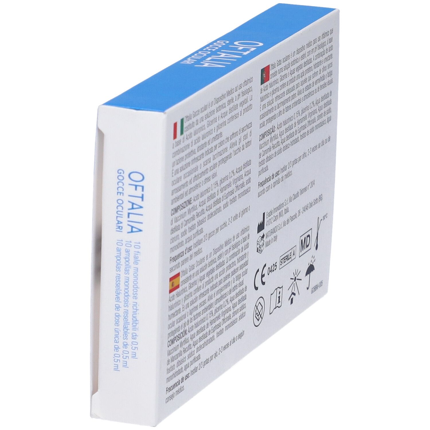 Oftalia-Augentropfen-Packung, schräge Ansicht. Text in mehreren Sprachen. Medizinprodukt-Kennzeichnung.