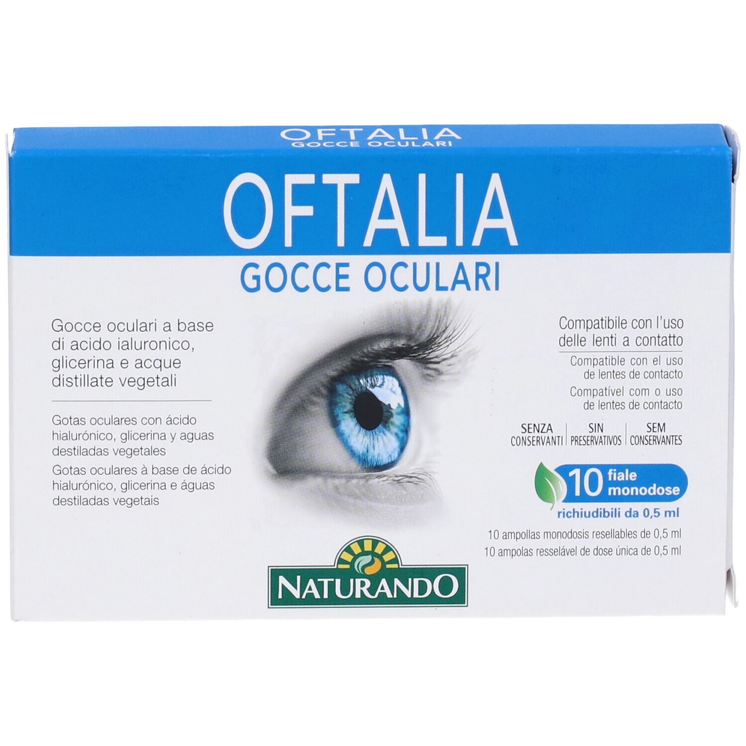 Oftalia-Augentropfen-Packung. Blaue und weiße Schachtel mit Augenabbildung. 10 Einzeldosis-Fläschchen.