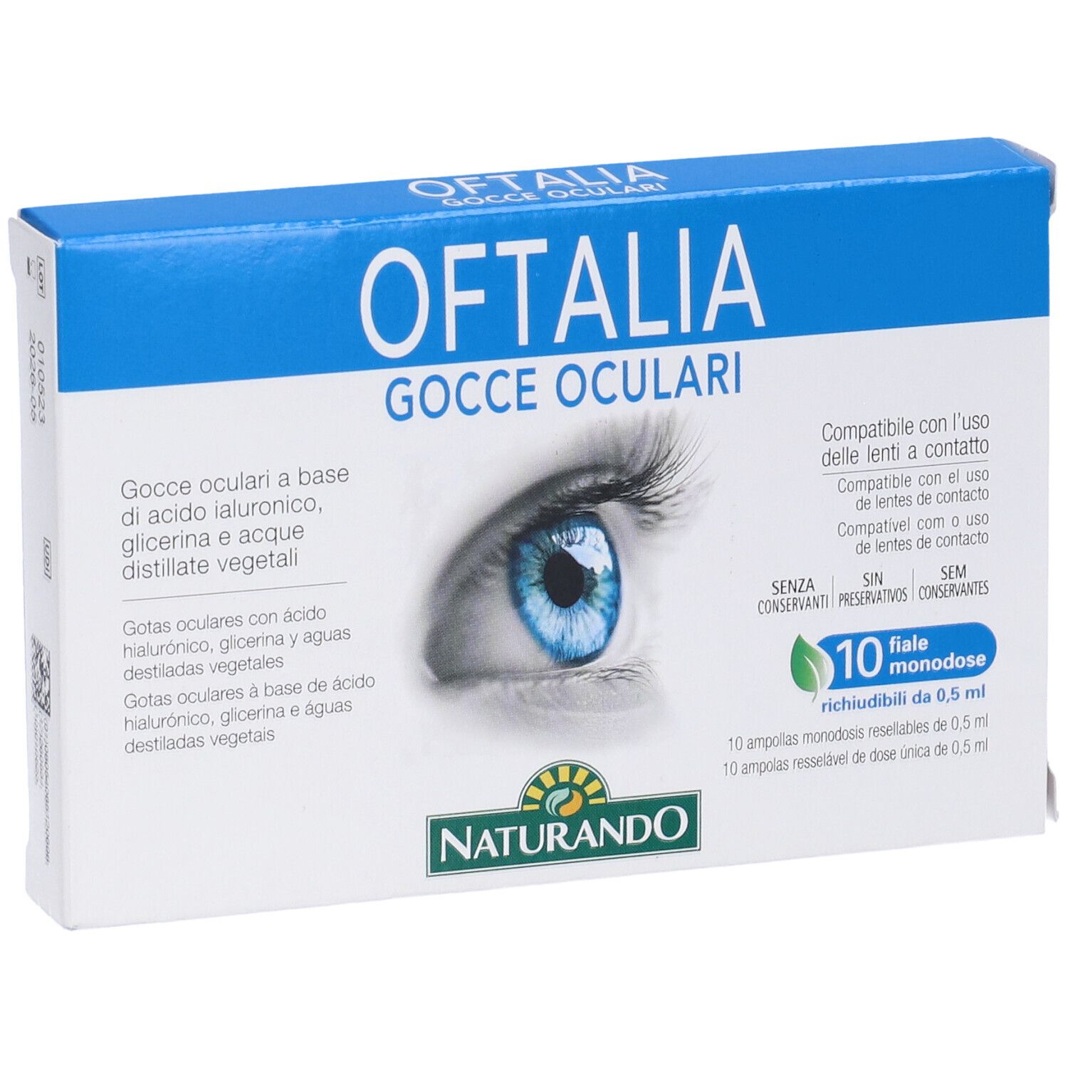 Oftalia-Augentropfen-Packung. Blaue und weiße Schachtel mit Augenabbildung. 10 Einzeldosis-Fläschchen.