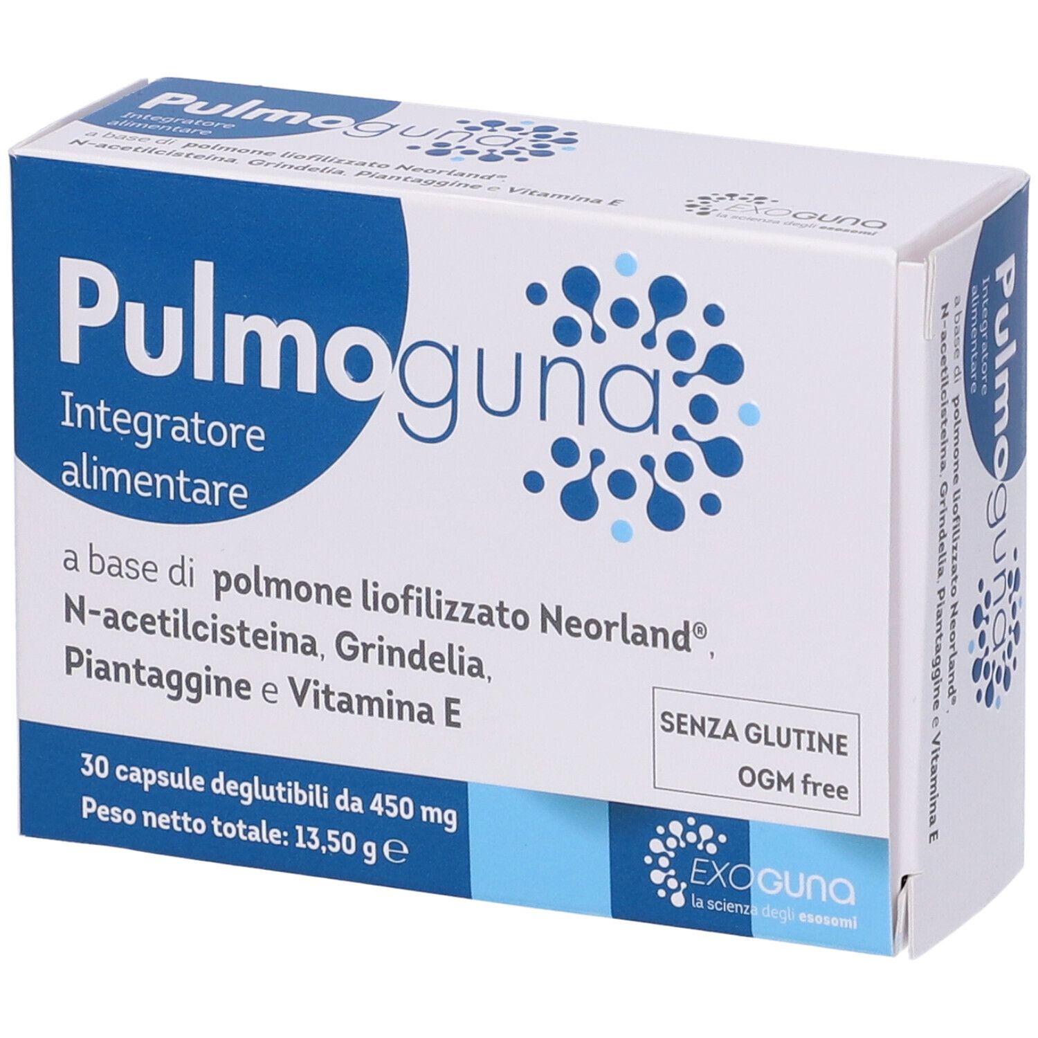Scatola Pulmoguna, confezione blu e bianca. Contiene 30 capsule. Senza glutine e OGM. Integratore alimentare.