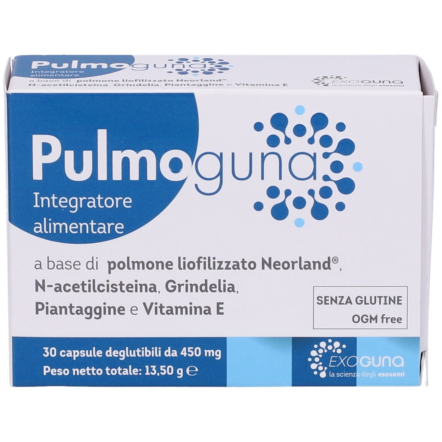 Confezione Pulmoguna. Scatola blu e bianca. Contiene 30 capsule. Senza glutine e OGM. Integratore alimentare.