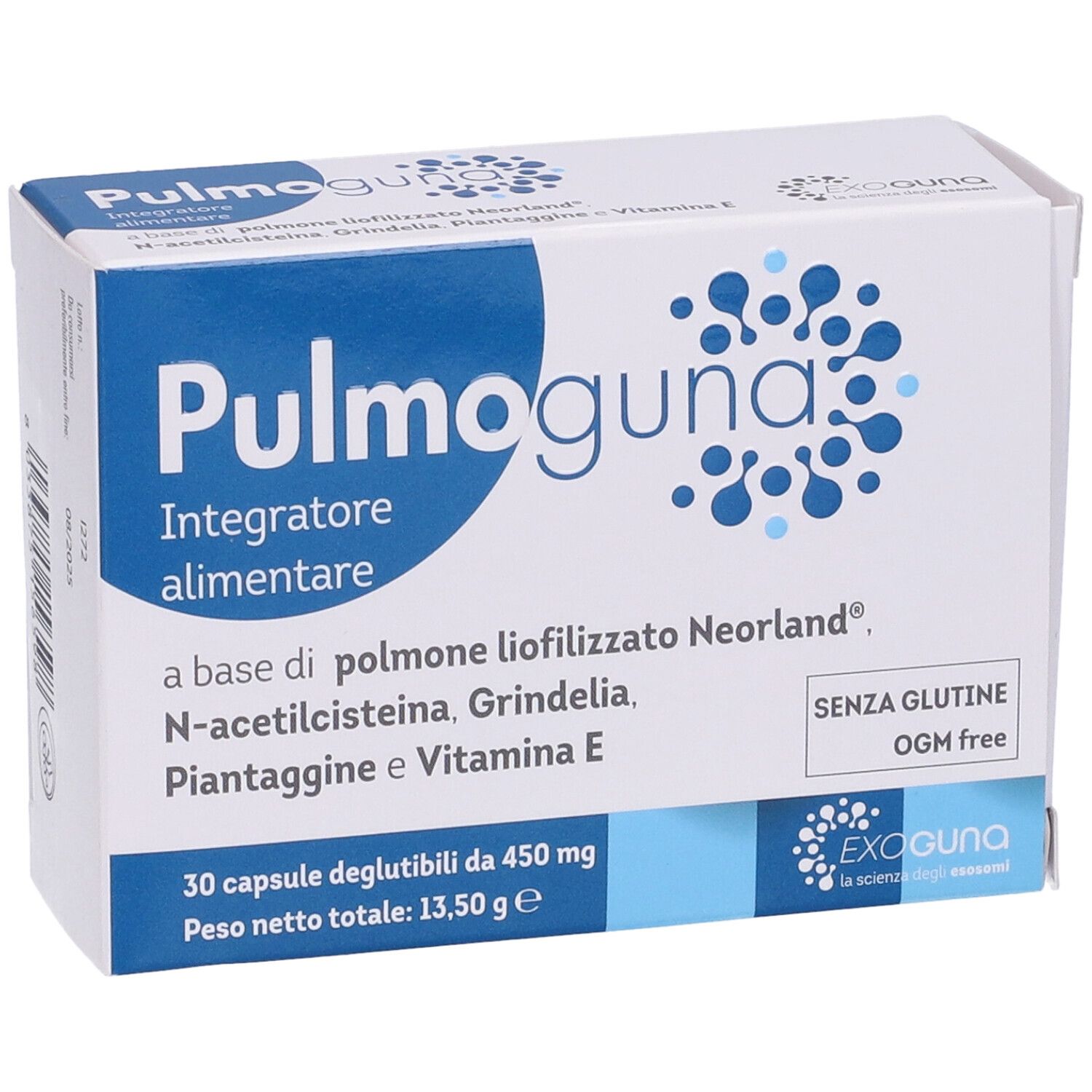 Confezione Pulmoguna. Scatola blu e bianca. Contiene 30 capsule. Senza glutine e OGM. Integratore alimentare.