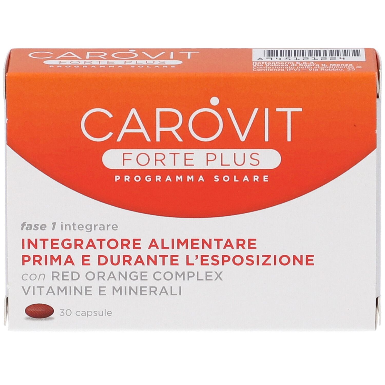 Boîte CAROVIT FORTE PLUS. Emballage rouge et blanc. Texte: Integratore Alimentare, 30 capsules.