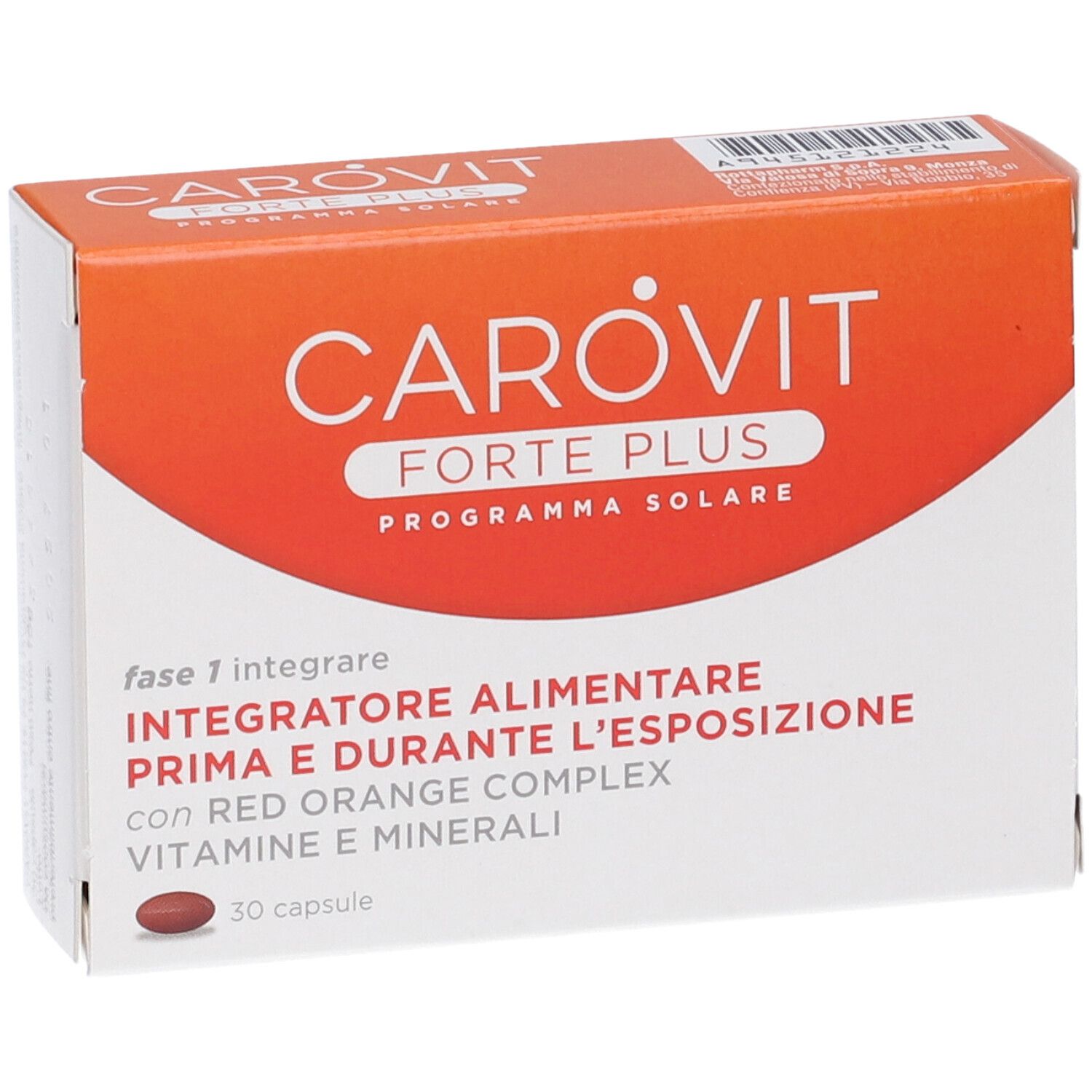 Boîte CAROVIT FORTE PLUS. Emballage rouge et blanc. Texte: Integratore Alimentare, 30 capsules.