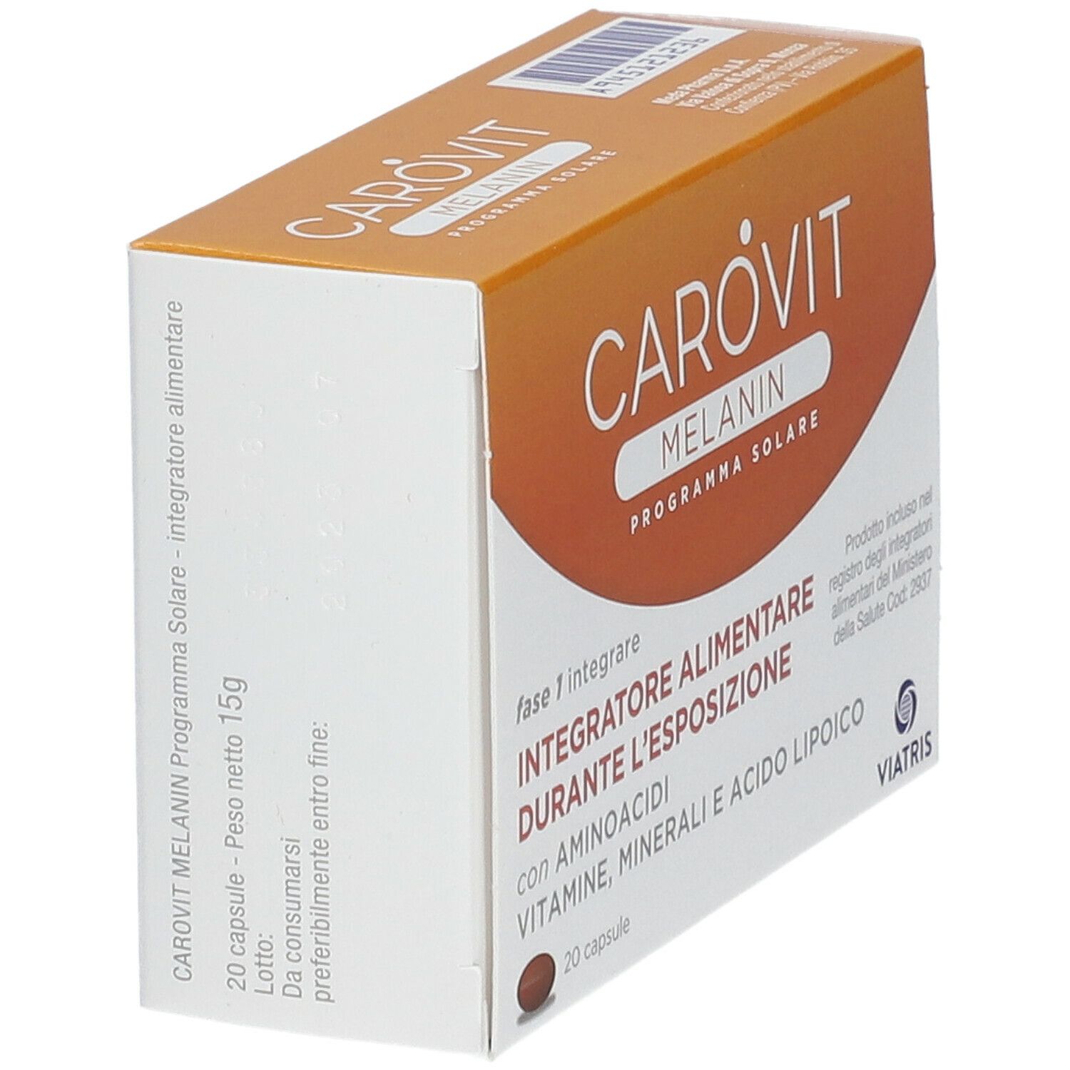 Scatola CAROVIT Melanin Compresse. Arancione e bianca. Testo: Integratore Alimentare, 20 capsule.