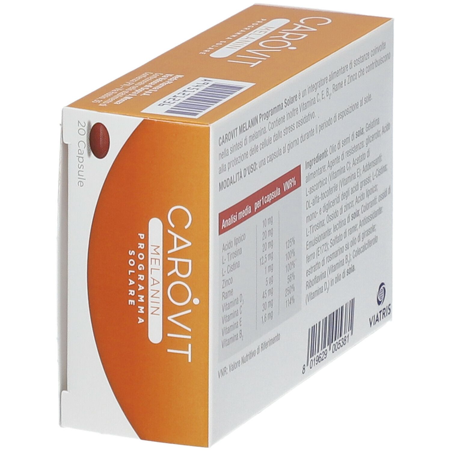 Scatola CAROVIT Melanin Compresse. Arancione e bianca. Testo: Integratore Alimentare, 20 capsule.