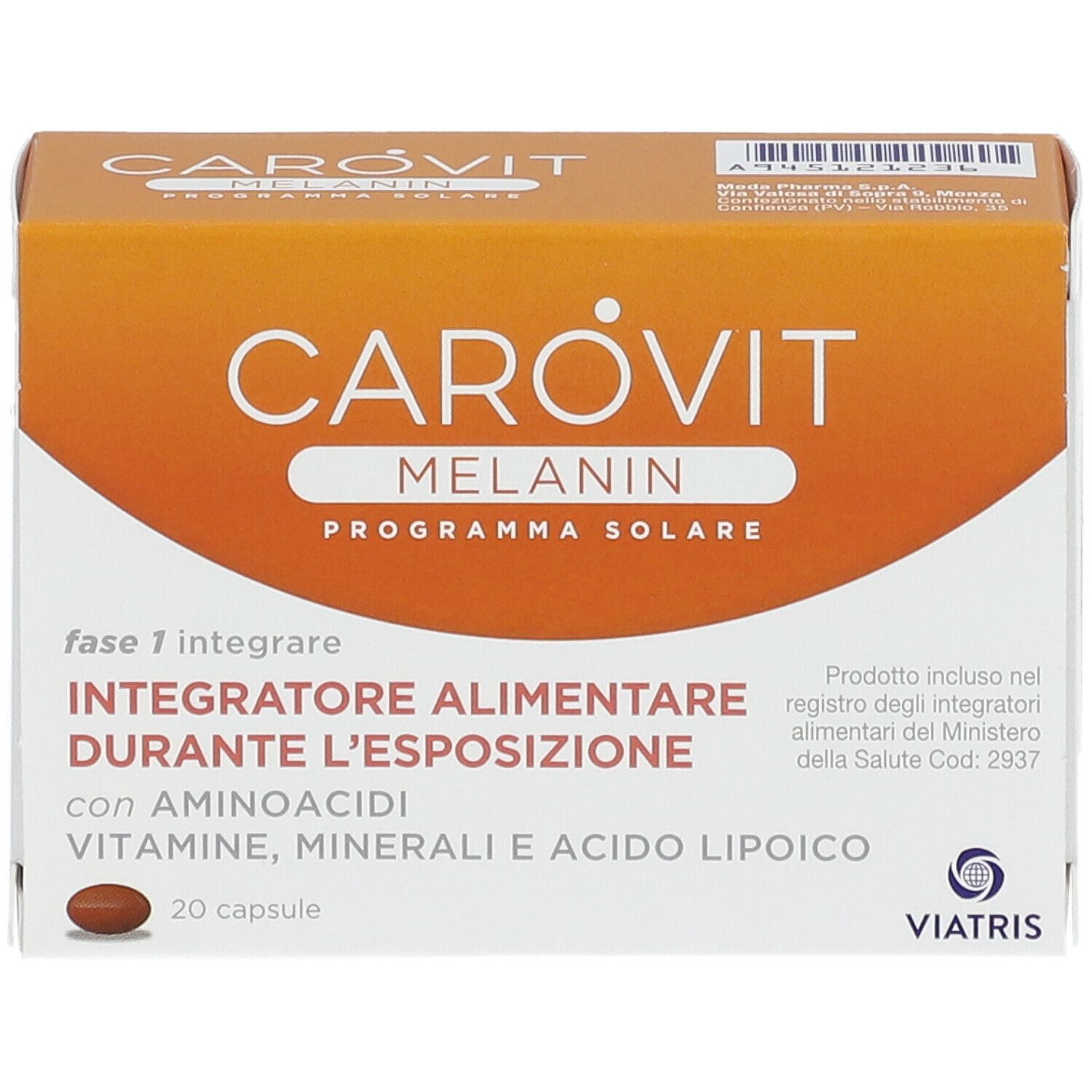 Scatola CAROVIT Melanin Compresse. Arancione e bianca. Testo: Integratore Alimentare, 20 capsule.