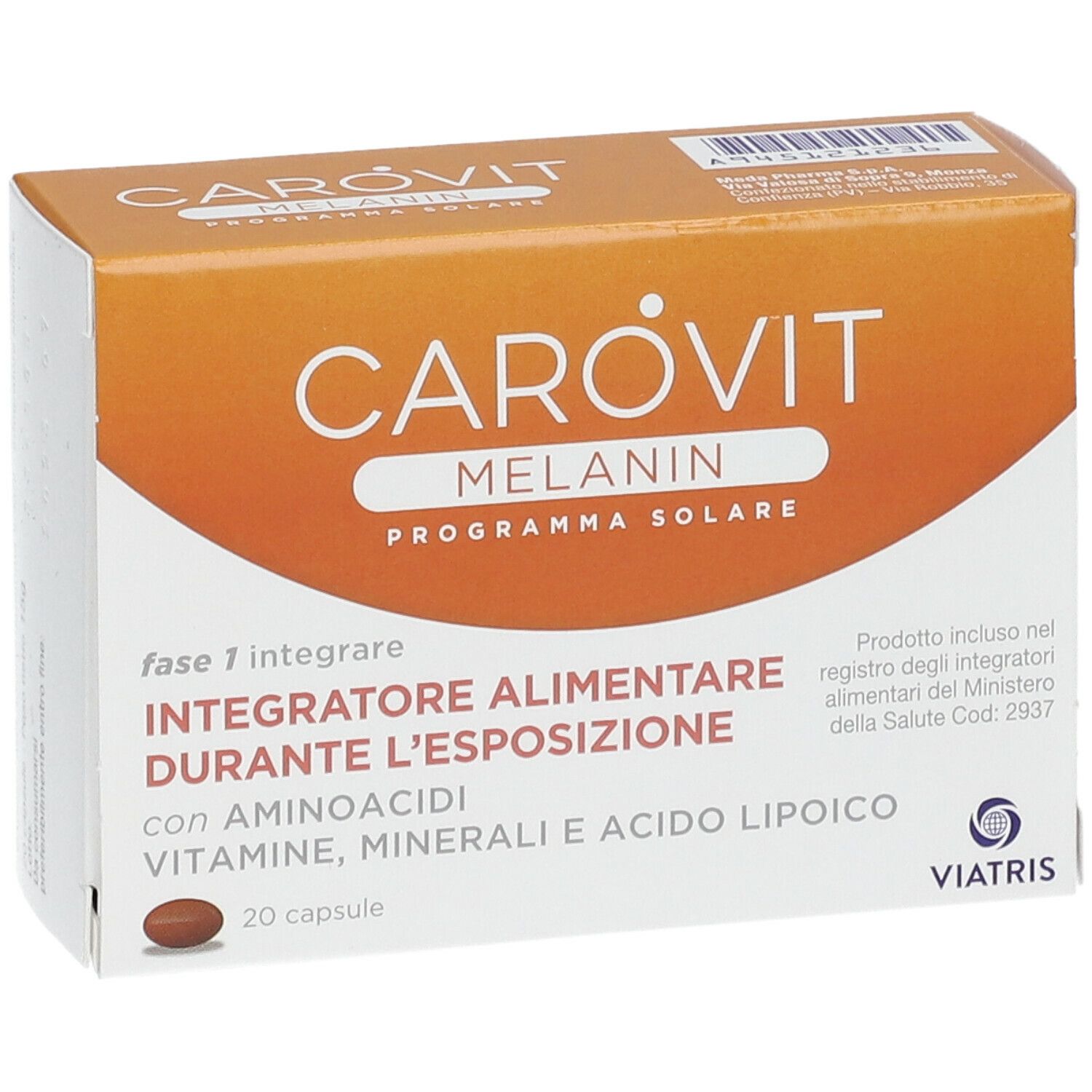 Scatola CAROVIT Melanin Compresse. Arancione e bianca. Testo: Integratore Alimentare, 20 capsule.