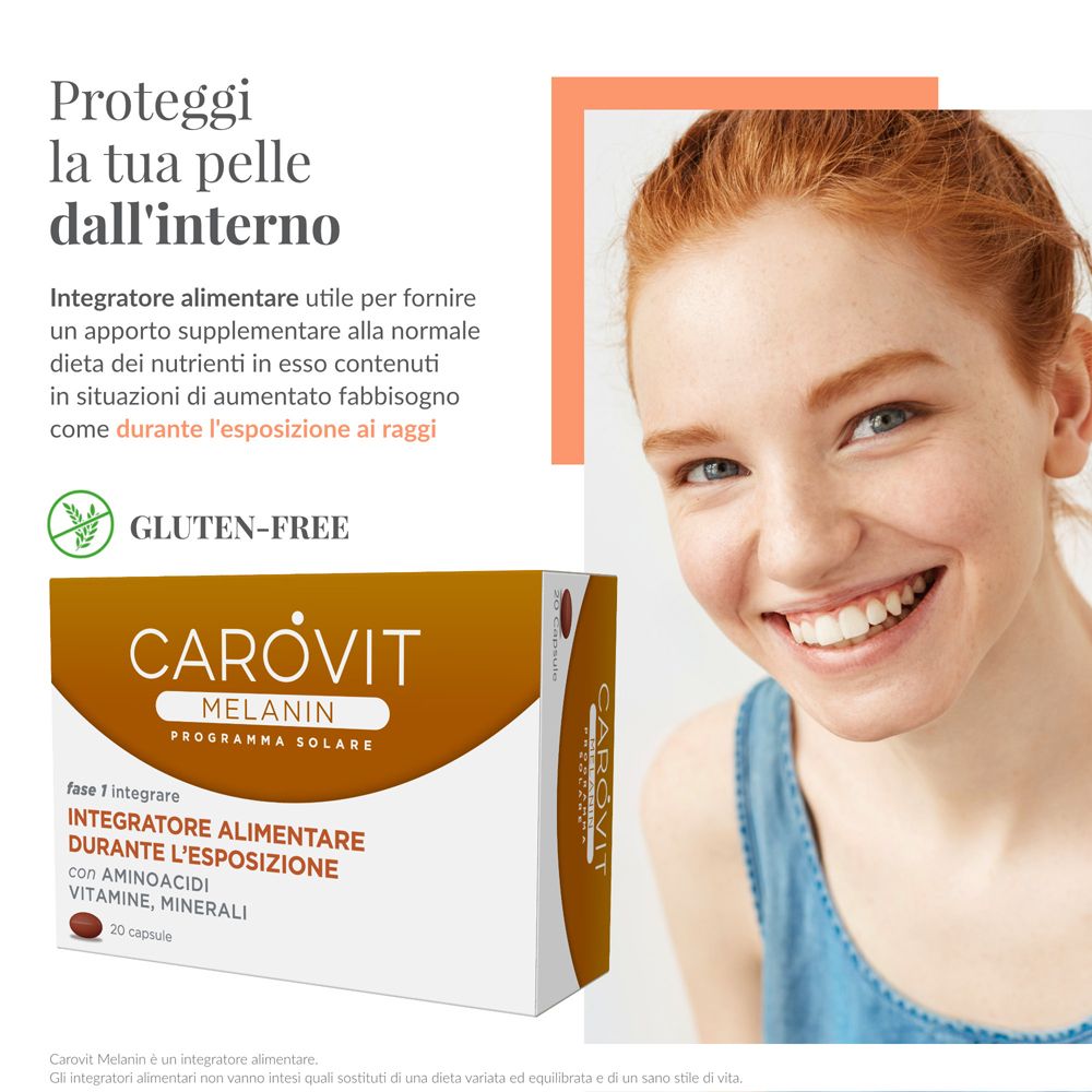 CAROVIT Melanin Sonnenprogramm Verpackung neben lächelnder Frau, glutenfrei.
