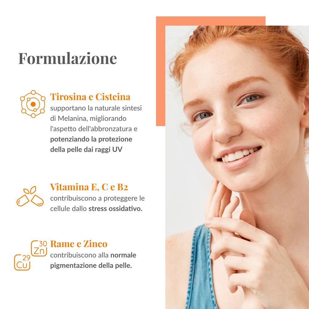 CAROVIT Melanin Sonnenprogramm Verpackung mit Informationen zu Tyrosin, Vitaminen und Mineralstoffen.