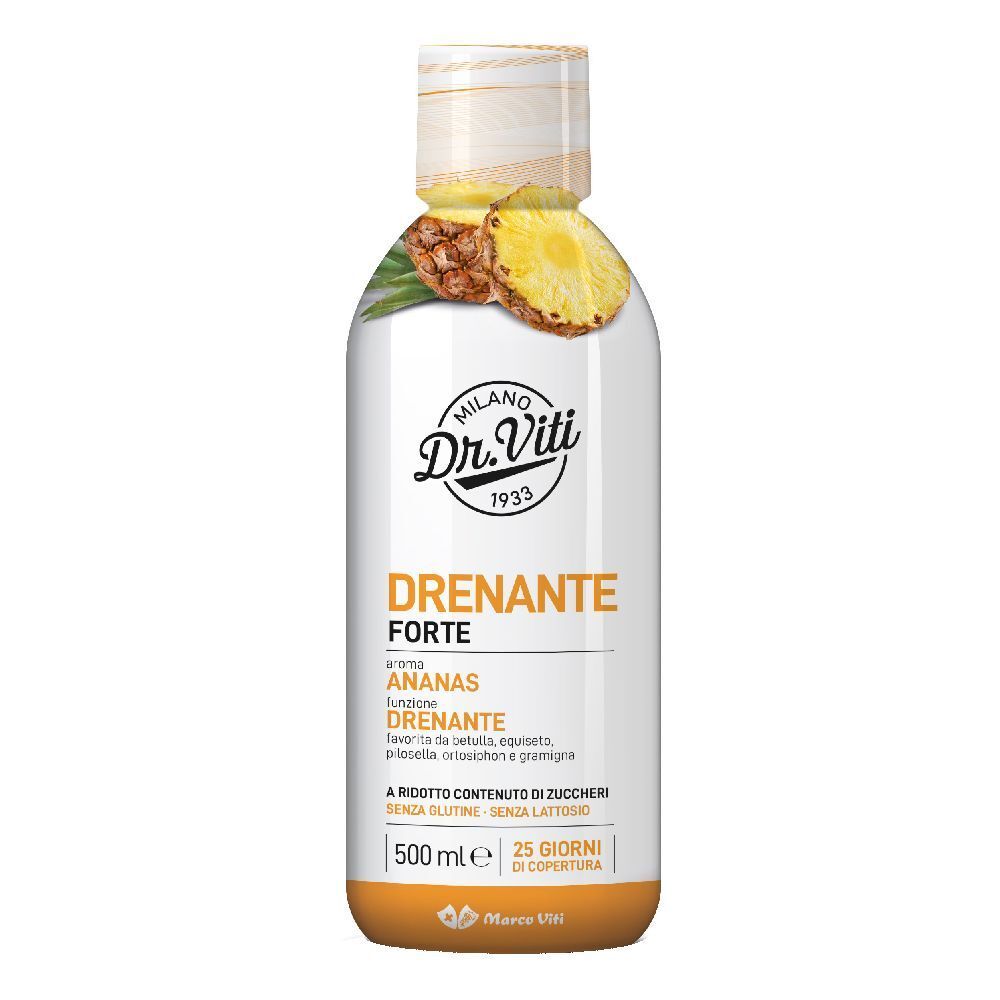 Bottiglia bianca e gialla con stampa del prodotto. Logo Dr. Viti. Testo: DRENANTE FORTE ANANAS. 500 ml, 25 giorni di copertura.
