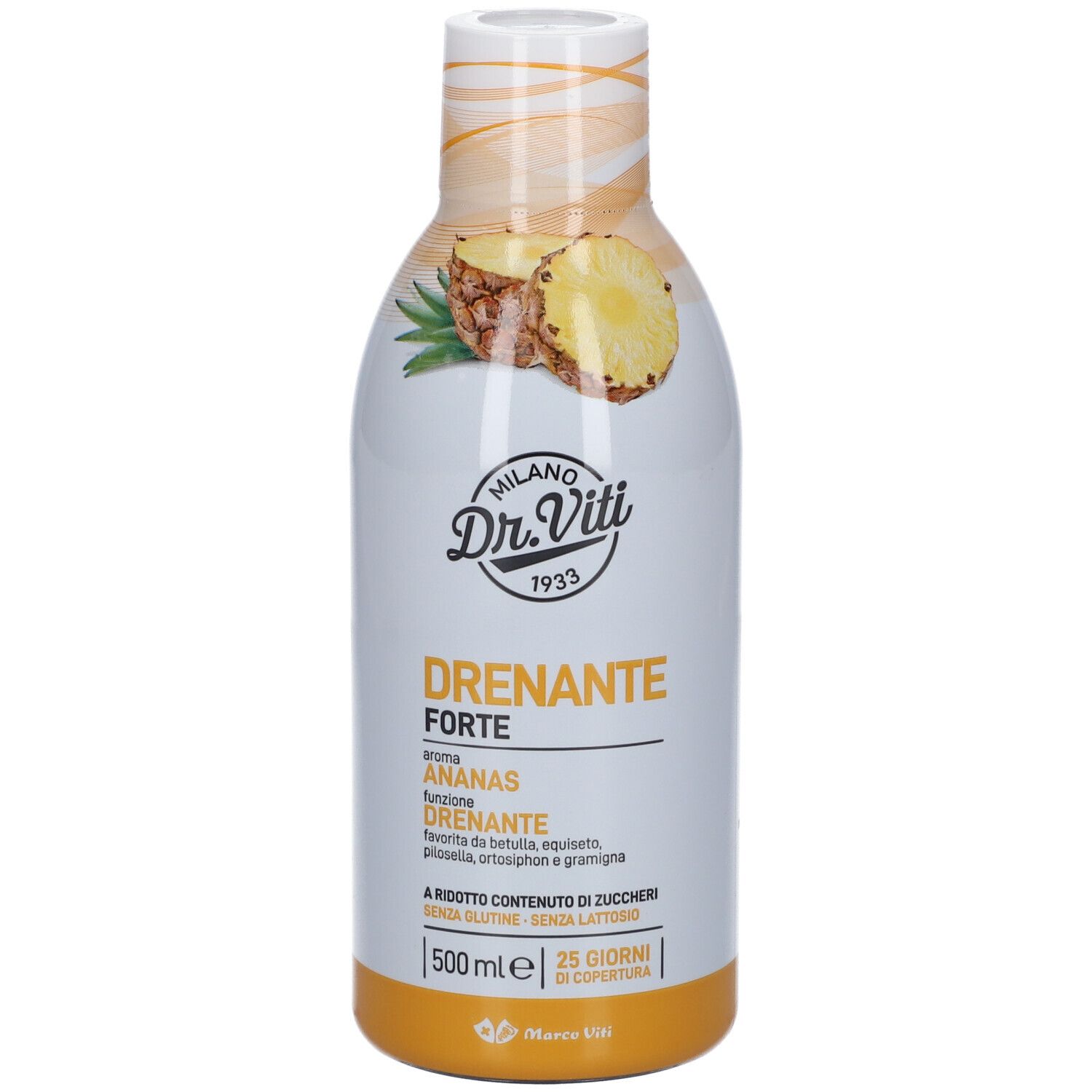 Bottiglia bianca e gialla con stampa del prodotto. Logo Dr. Viti. Testo: DRENANTE FORTE ANANAS. 500 ml, 25 giorni di copertura.