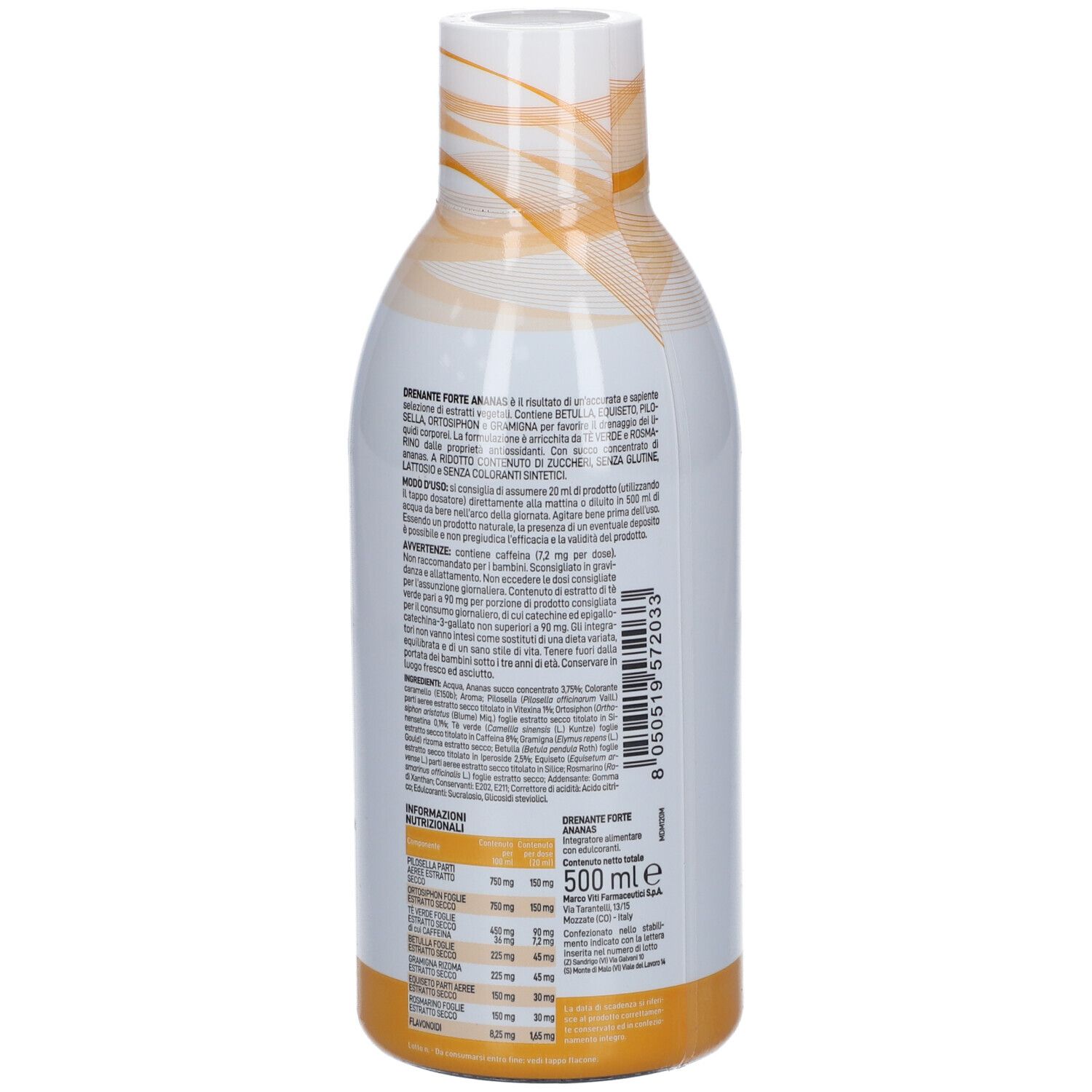 Retro della bottiglia. Informazioni testuali e nutrizionali. 500 ml. Codice a barre.