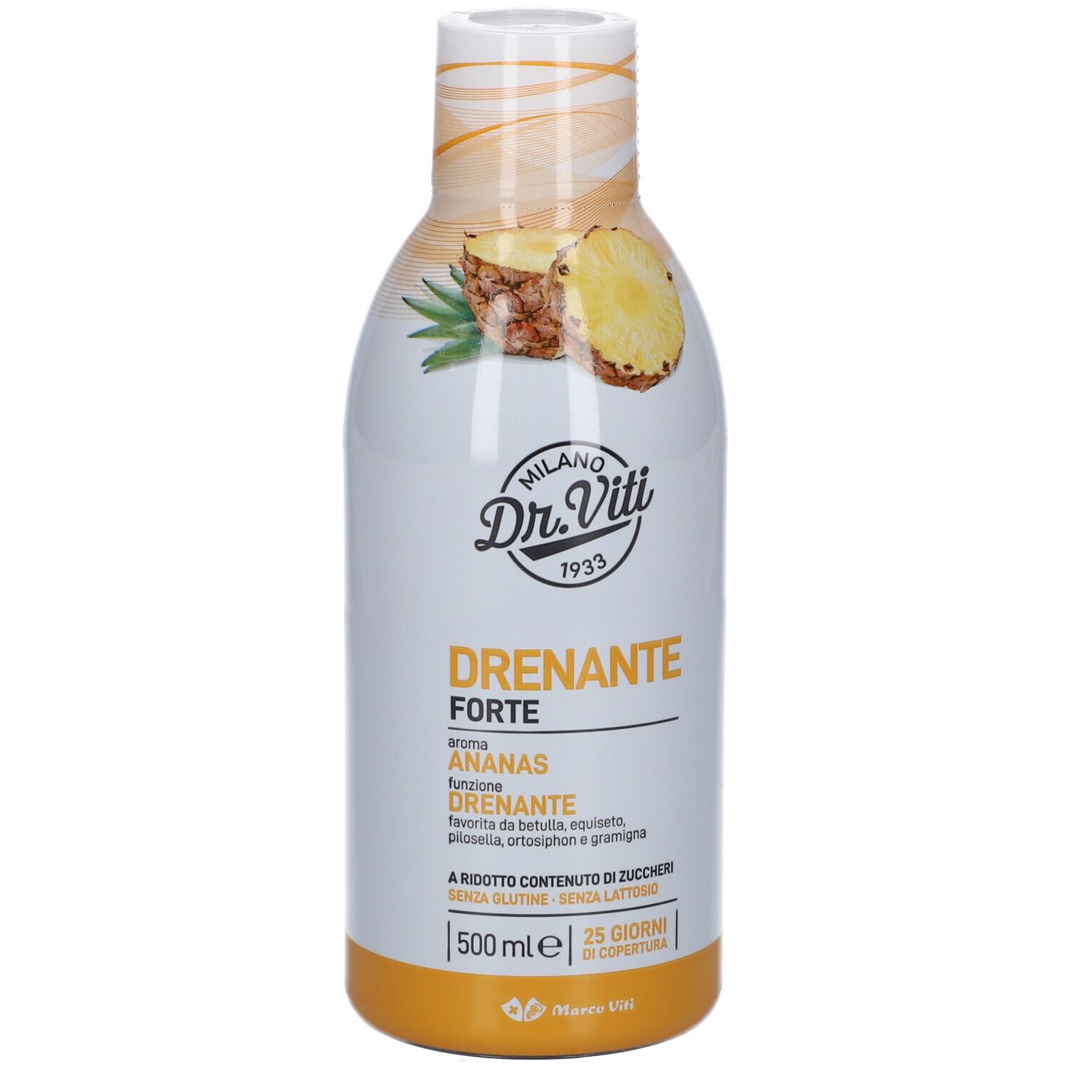 Bottiglia bianca e gialla con stampa del prodotto. Logo Dr. Viti. Testo: DRENANTE FORTE ANANAS. 500 ml, 25 giorni di copertura.