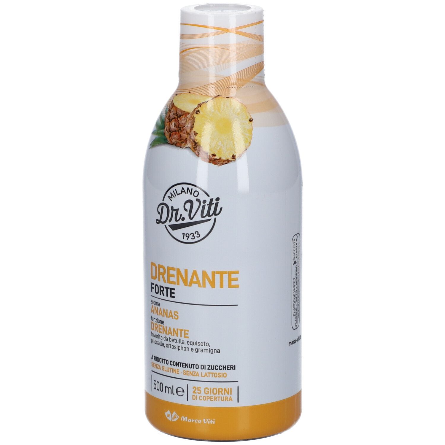 Bottiglia bianca e gialla con stampa del prodotto. Logo Dr. Viti. Testo: DRENANTE FORTE ANANAS. 500 ml, 25 giorni di copertura.