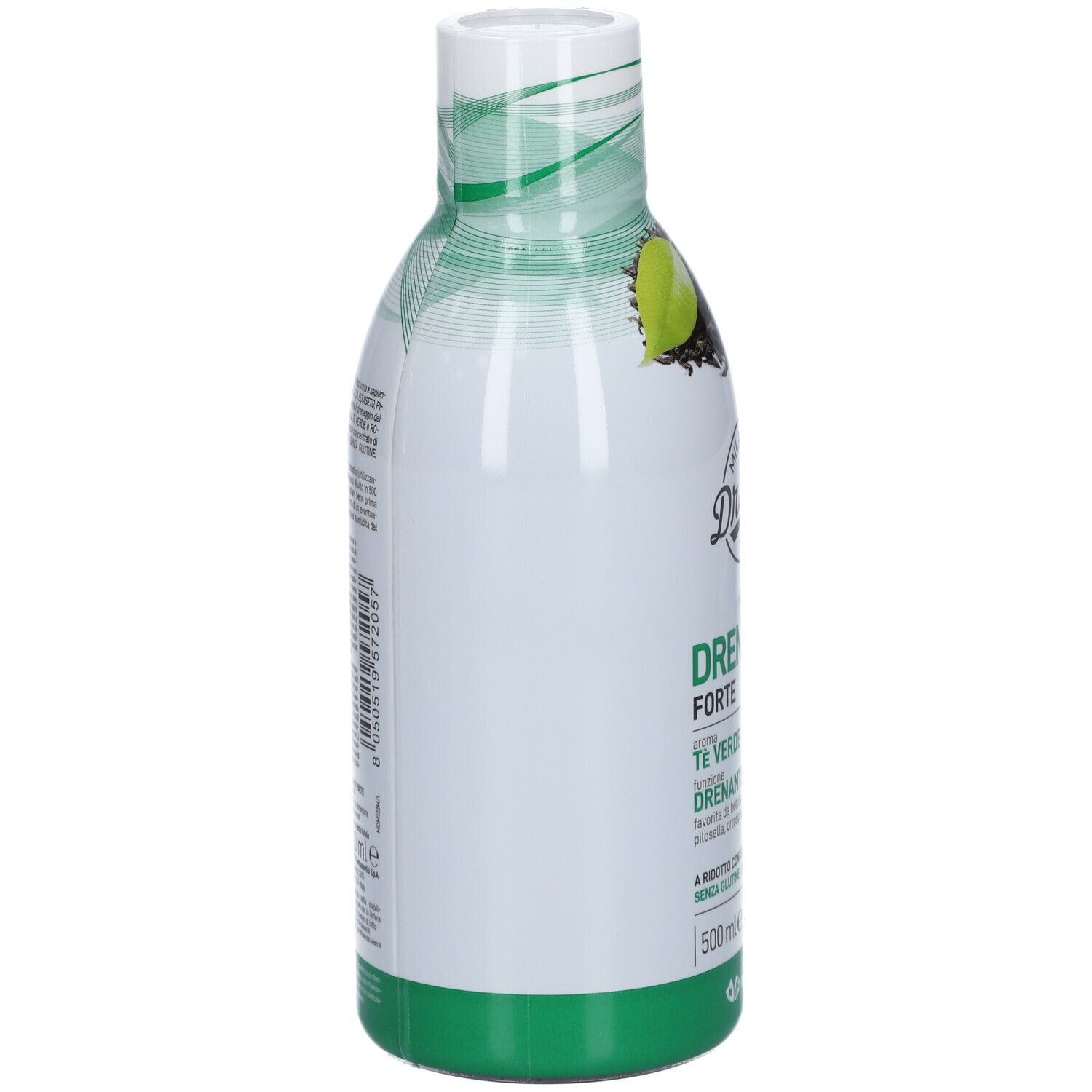 Bottiglia 'Drenante Forte Tè Verde' Dr. Viti. Vista laterale, design bianco e verde.