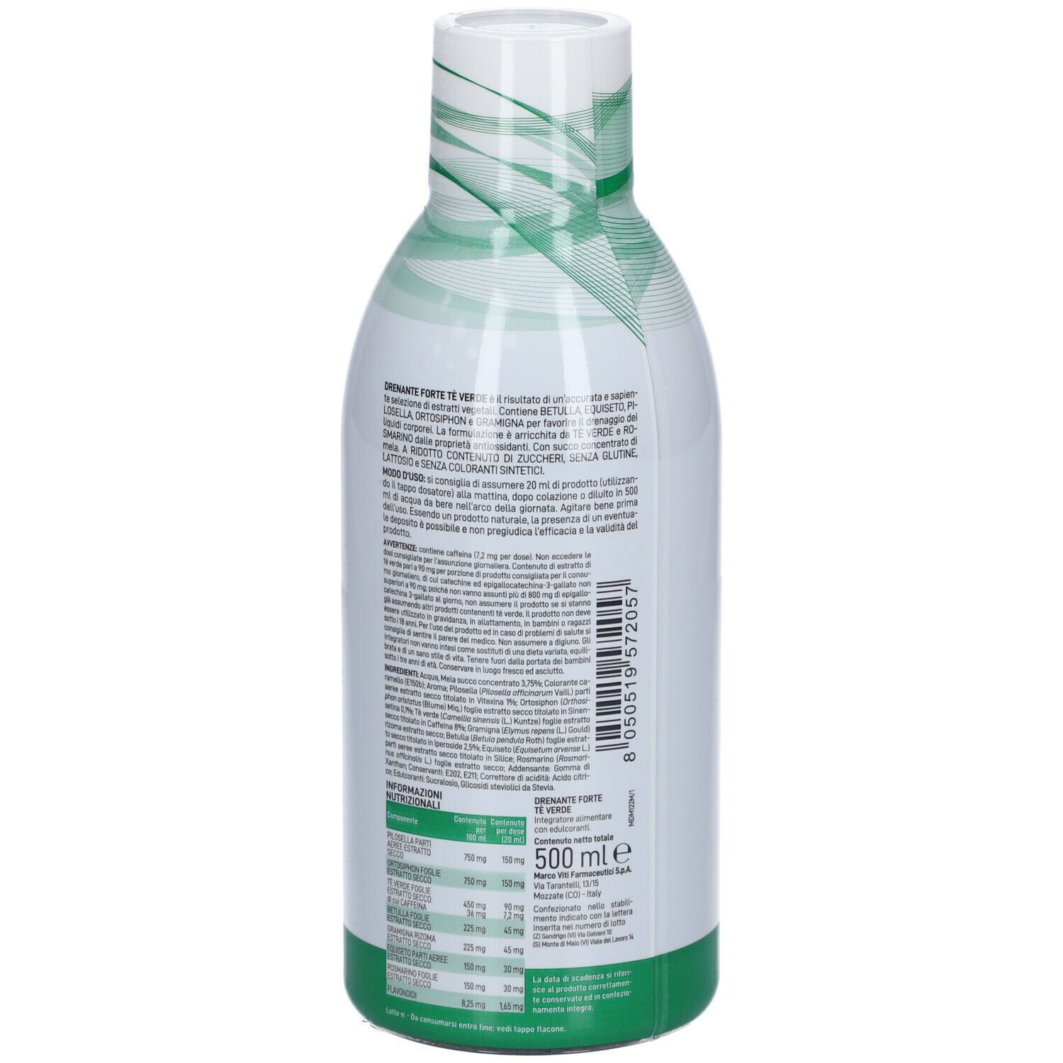 Retro della bottiglia 'Drenante Forte Tè Verde'. Informazioni testuali, ingredienti, 500 ml.