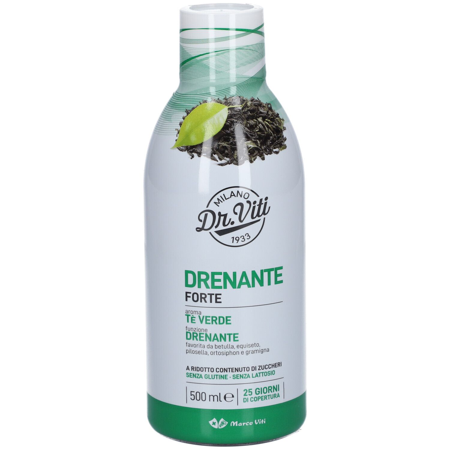 Bottiglia bianca e verde 'Drenante Forte Tè Verde' Dr. Viti. Vista frontale, 500 ml.