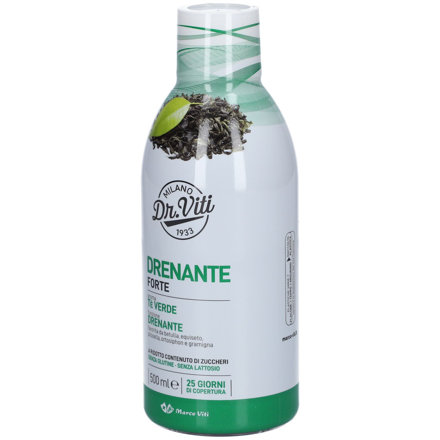 Bottiglia 'Drenante Forte Tè Verde' Dr. Viti. Vista frontale, 500 ml, design verde.