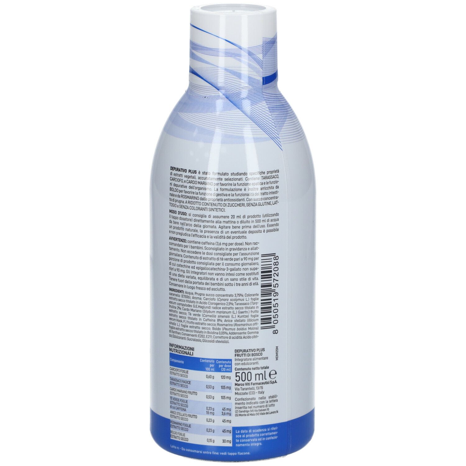 Retro della bottiglia. Testo: Informazioni nutrizionali, ingredienti. 500 ml. Codice a barre.