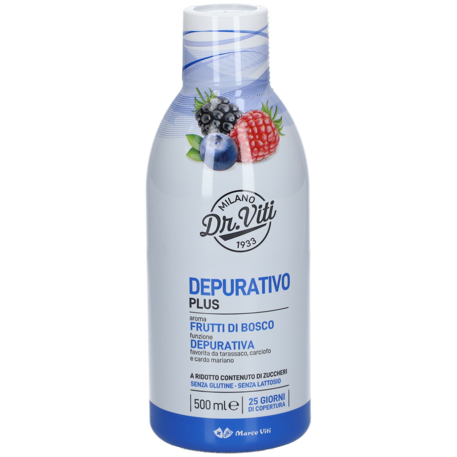 Bottiglia bianca con illustrazione di frutti di bosco. Testo: Dr. Viti, Depurativo Plus, Frutti di Bosco. 500 ml.