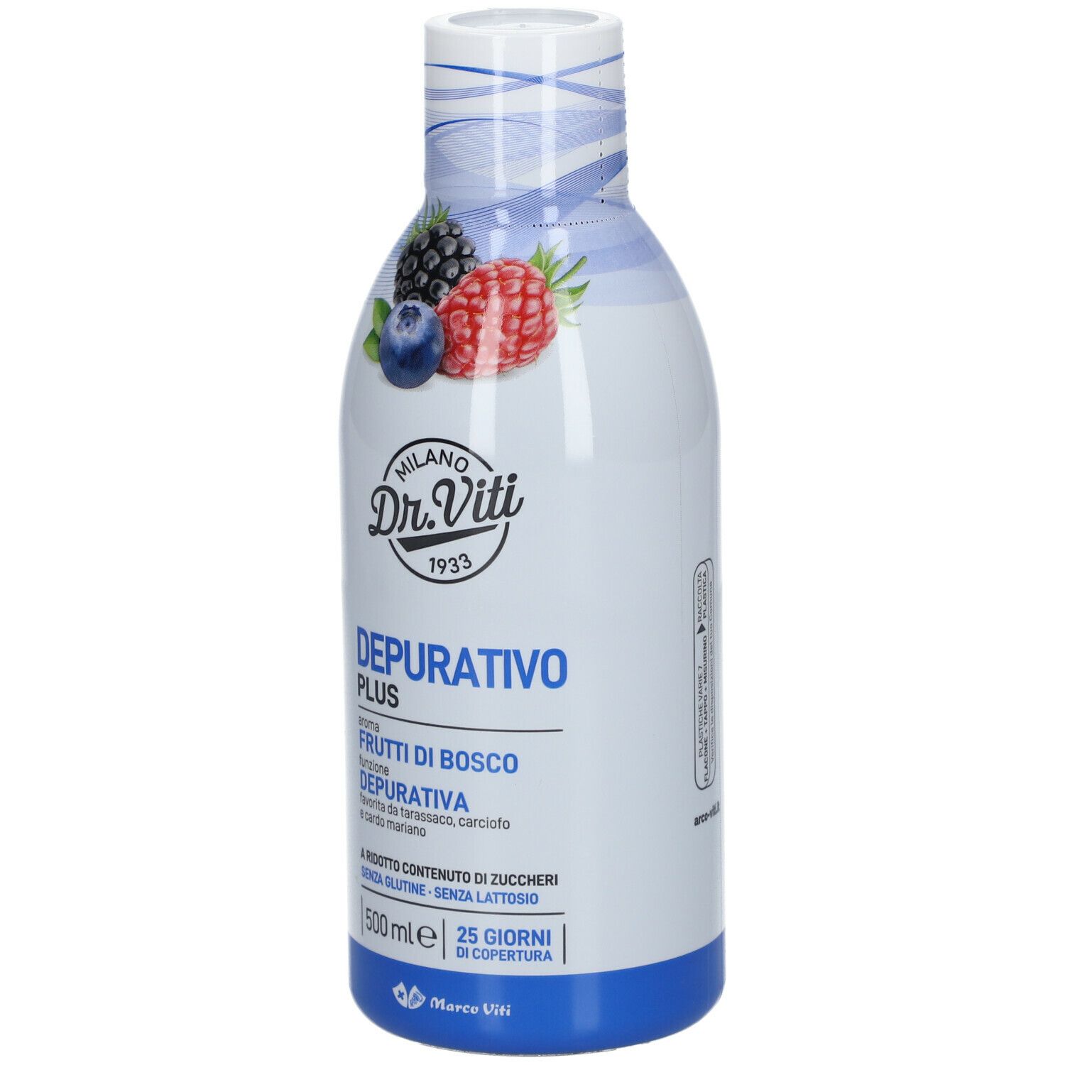Bottiglia bianca con illustrazione di frutti di bosco. Testo: Dr. Viti, Depurativo Plus, Frutti di Bosco. 500 ml.