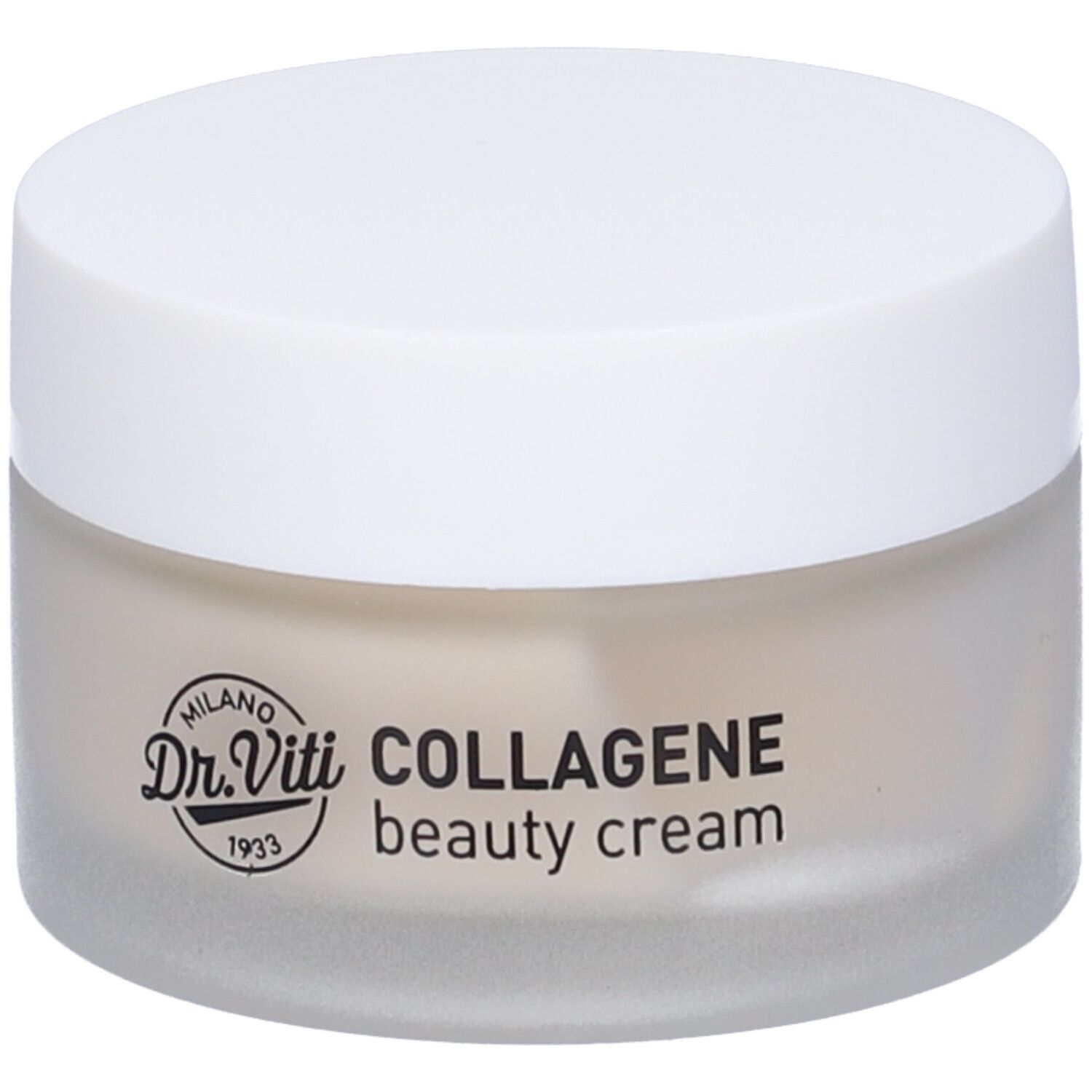 Vaso di crema con coperchio bianco. Sul vaso è scritto "Dr. Viti COLLAGENE beauty cream".
