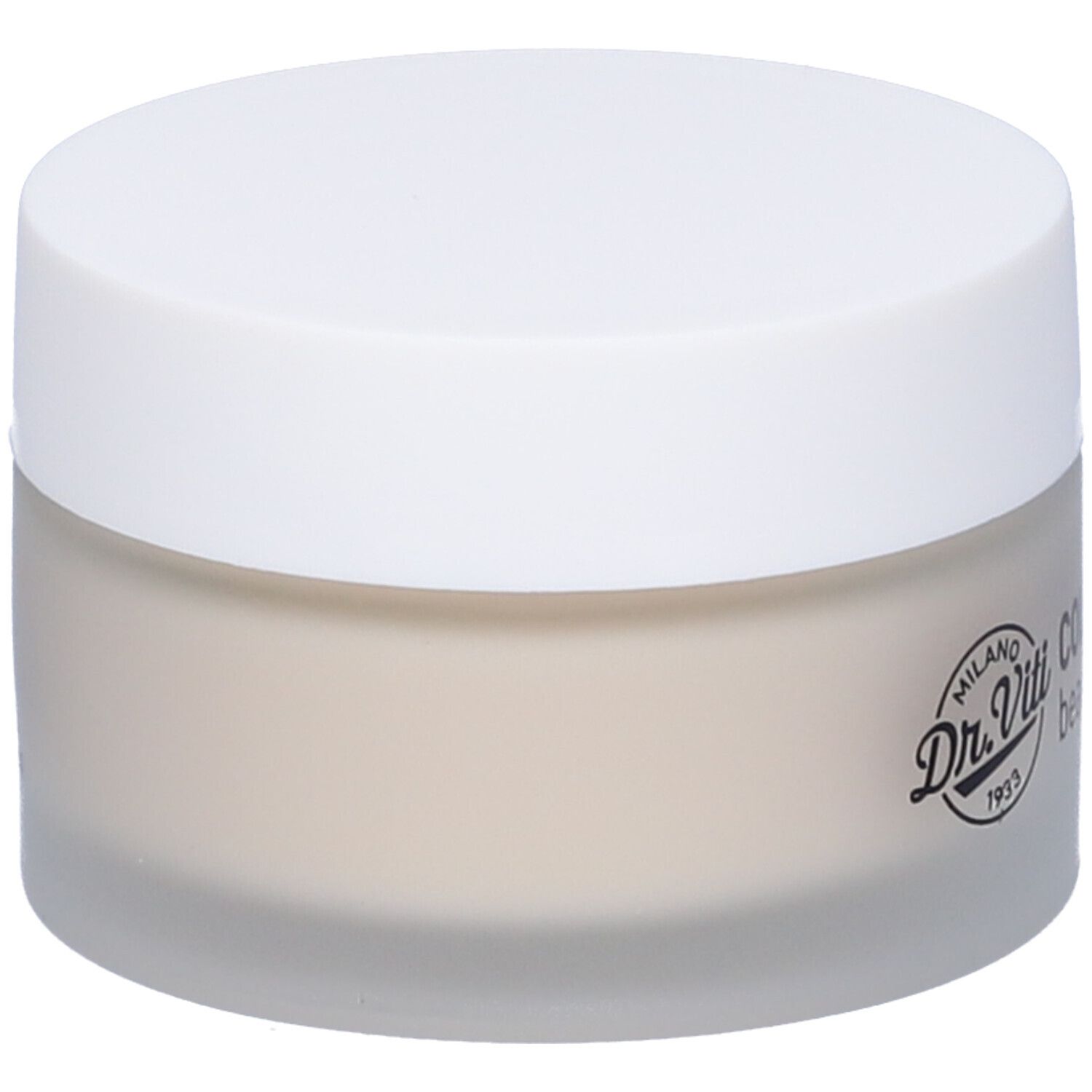 Vaso di crema con coperchio bianco. Sul vaso è scritto "Dr. Viti COLLAGENE beauty cream".