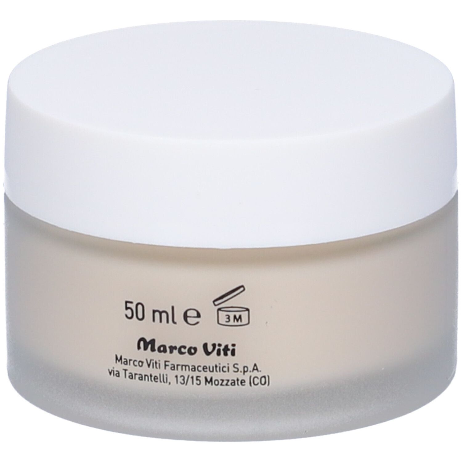 Vaso di crema con coperchio bianco. Sul vaso è scritto "Marco Viti" e "50 ml e".