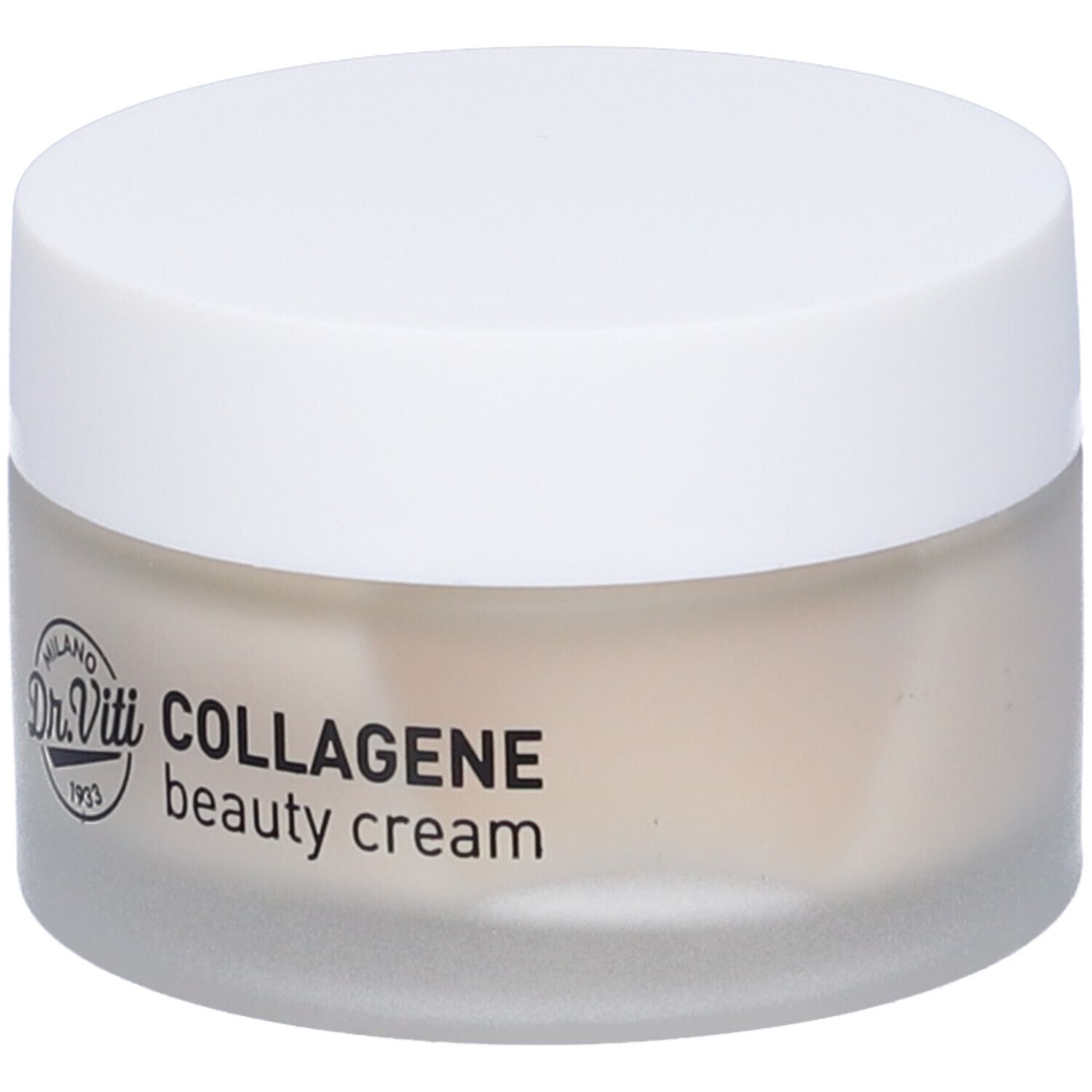 Vaso di crema con coperchio bianco. Sul vaso è scritto "Dr. Viti COLLAGENE beauty cream".