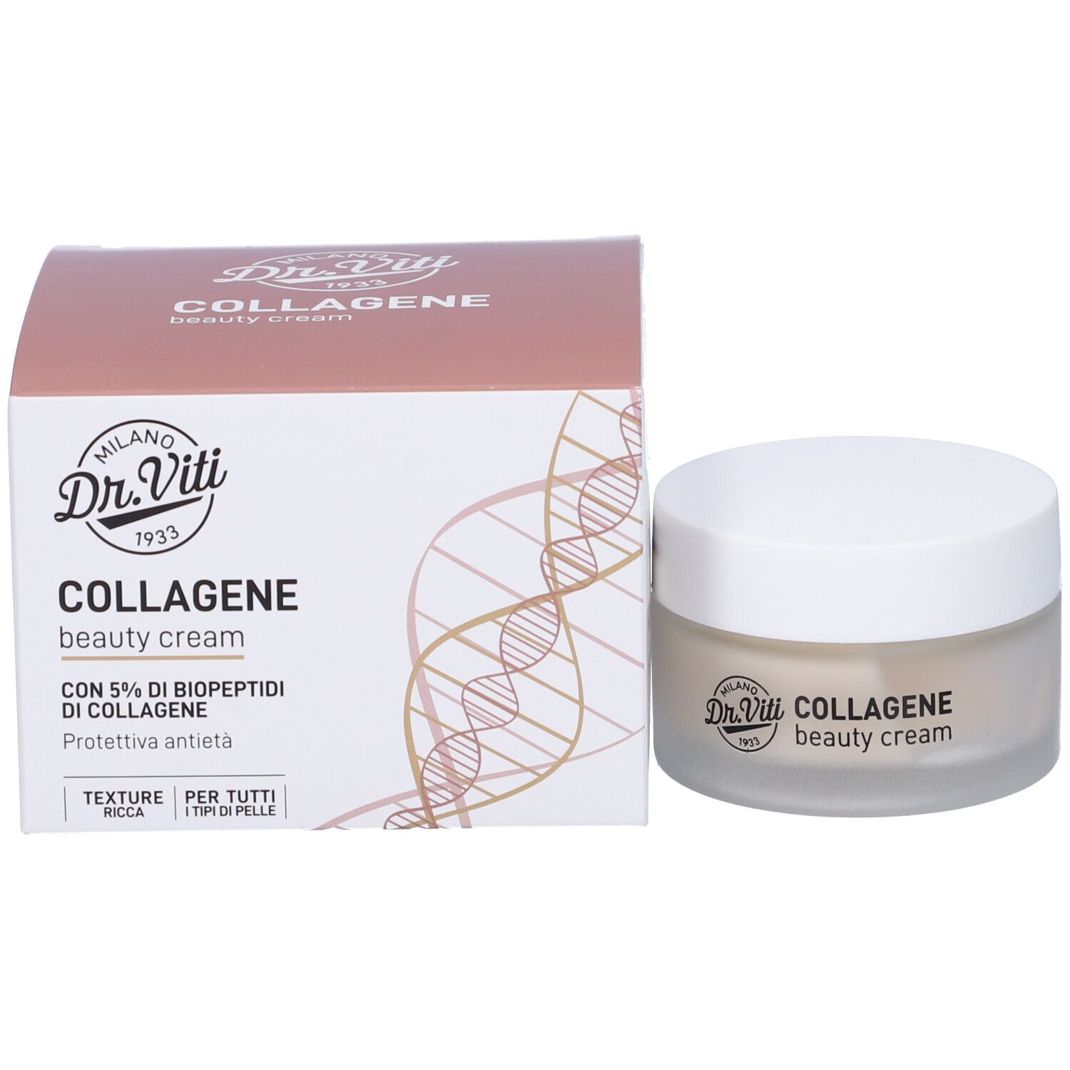 Vaso di crema e confezione. Sul vaso è scritto "Dr. Viti COLLAGENE beauty cream".