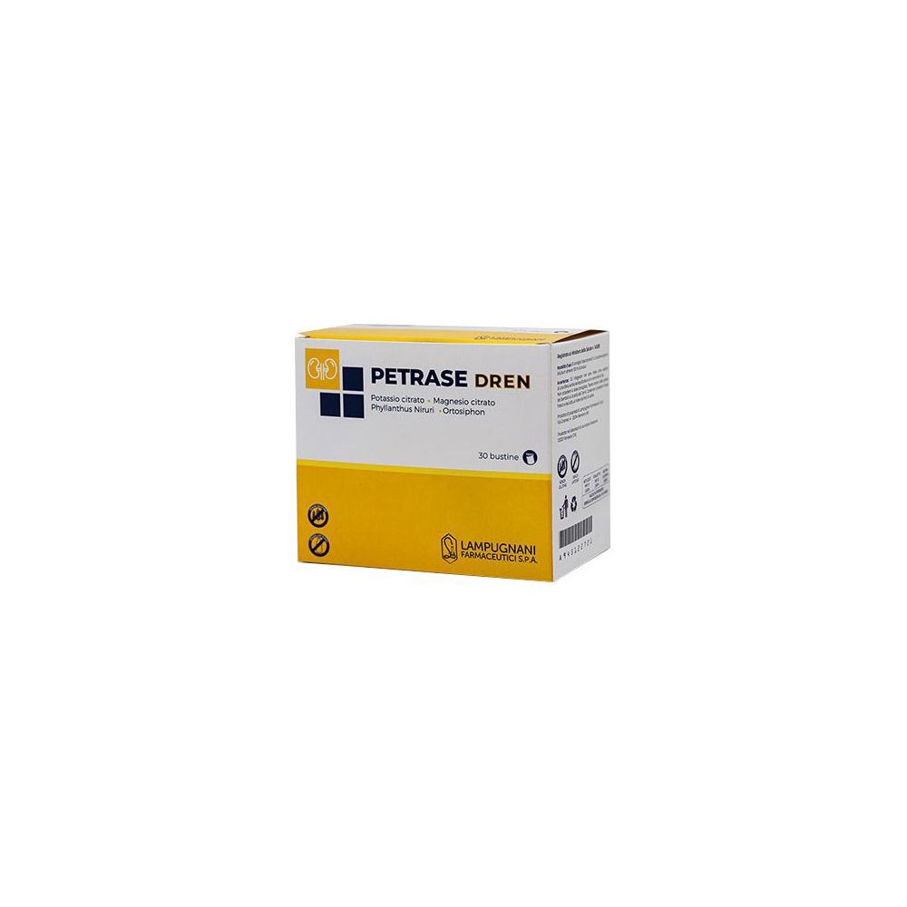 Scatola PETRASE DREN. Design giallo e bianco. Contiene 20 bustine. Logo e testo sulla confezione.