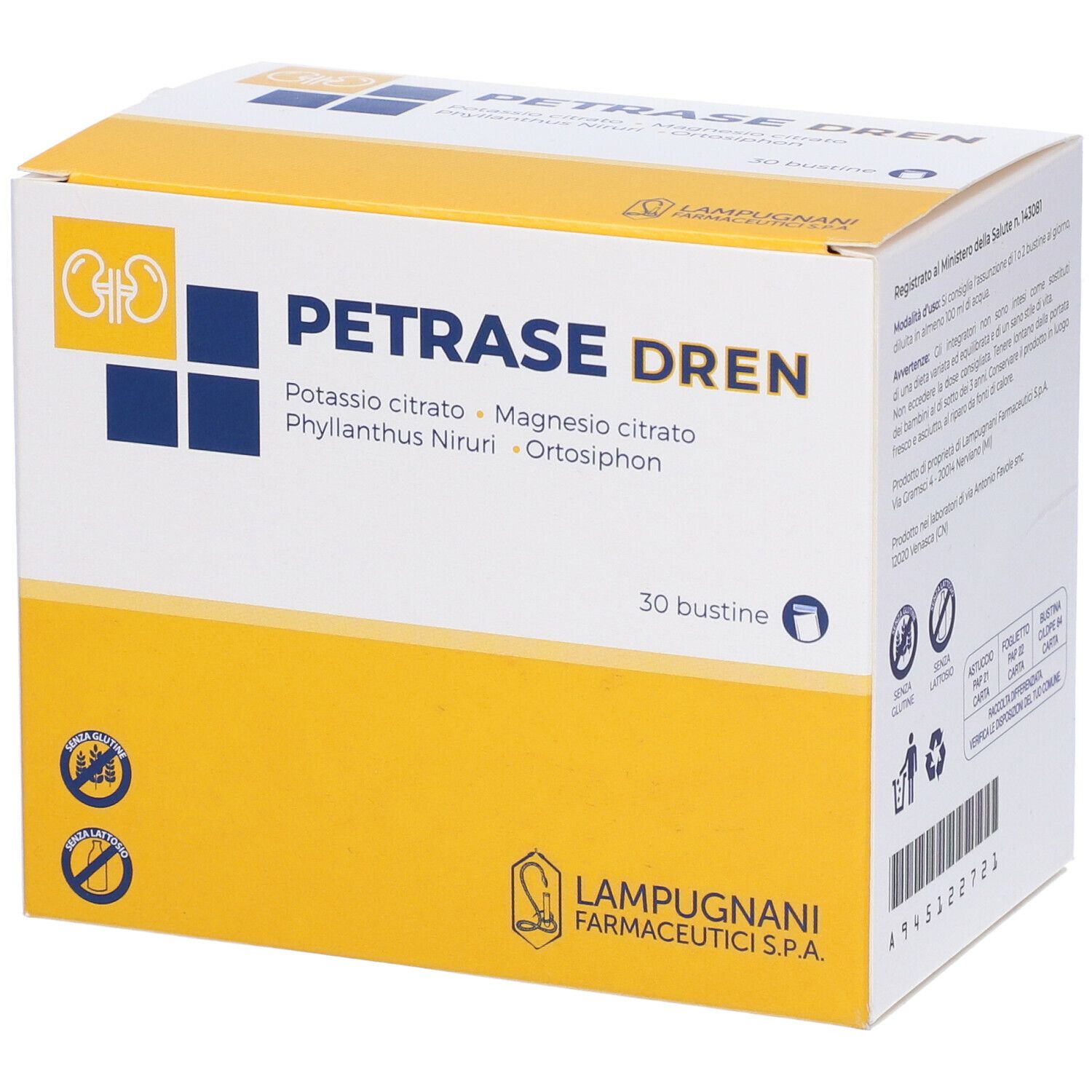 Confezione PETRASE DREN. Design giallo e bianco. Contiene 30 bustine. Ingredienti: Citrato di potassio, citrato di magnesio, Phyllanthus Niruri, Ortosiphon.