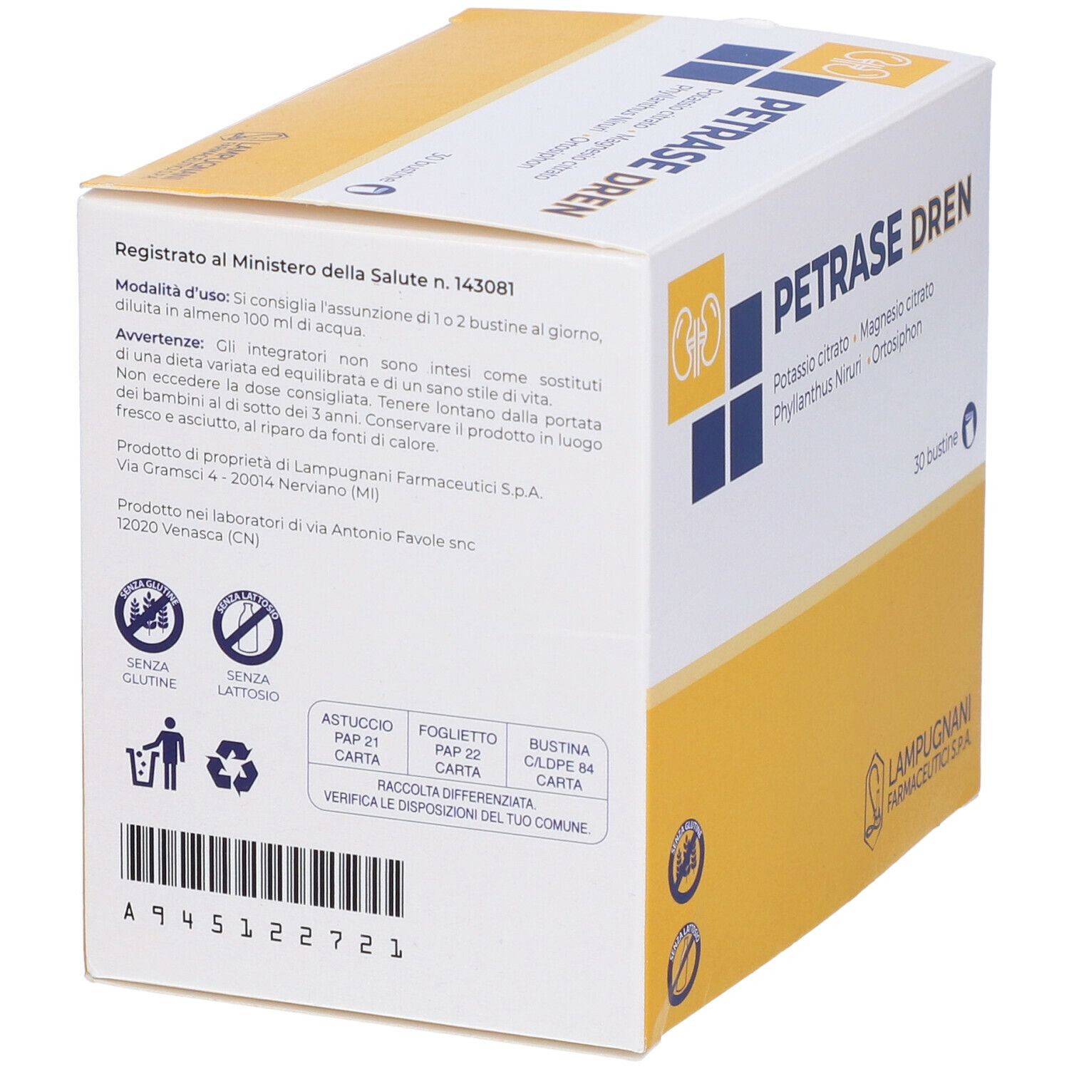 Confezione PETRASE DREN. Design giallo e bianco. Contiene 30 bustine. Informazioni sull'uso e ingredienti sulla confezione.